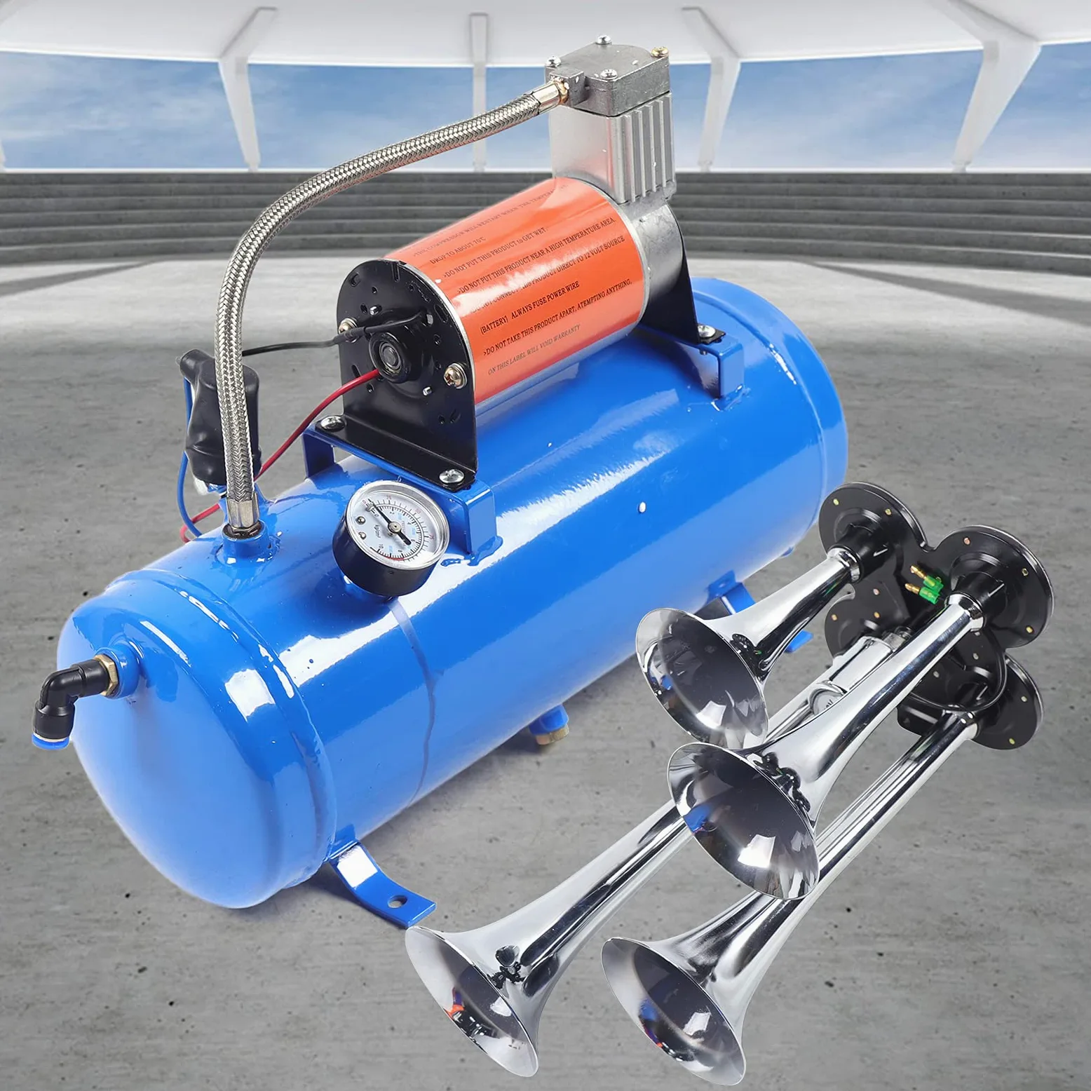Horn Air Horn Kit 12V 4 Trompeta Portátil Air Compresor de Aire Tren 150dB con 6L para Coches Camiones Barcos Motocicletas