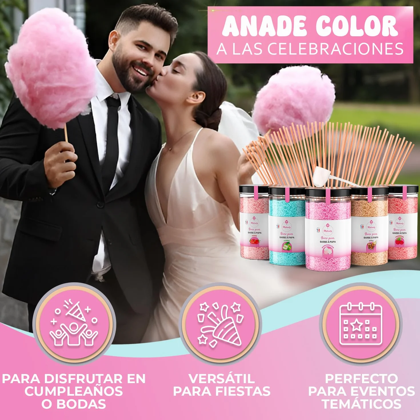 Algodón de azúcar Misskandy para máquina 1,5kg sabores fresa, manzana, malvavisco, cola, frambuesa + 50 barritas 30cm