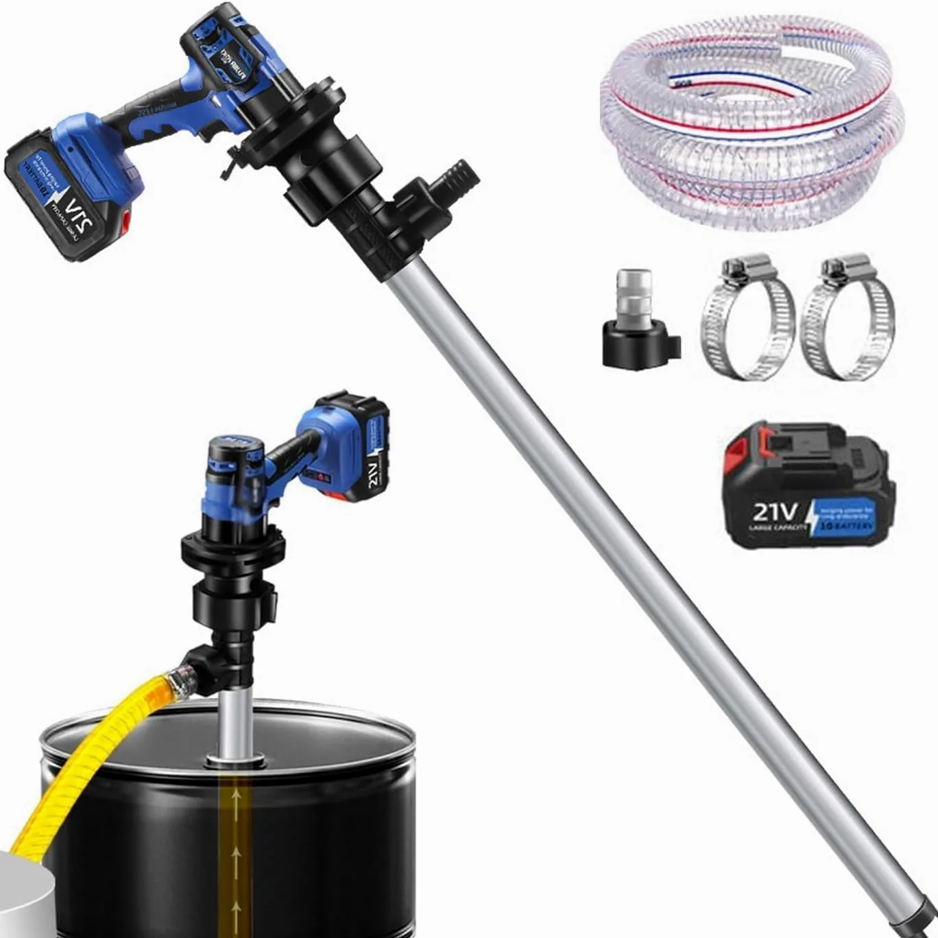 Bomba eléctrica para bidones 80-150 l/min Velocidad ajustable Longitud del tubo 92 cm Succión de alto caudal, para diésel/queroseno/fluidos hidráulicos/aceite comestible Aluminum-tube