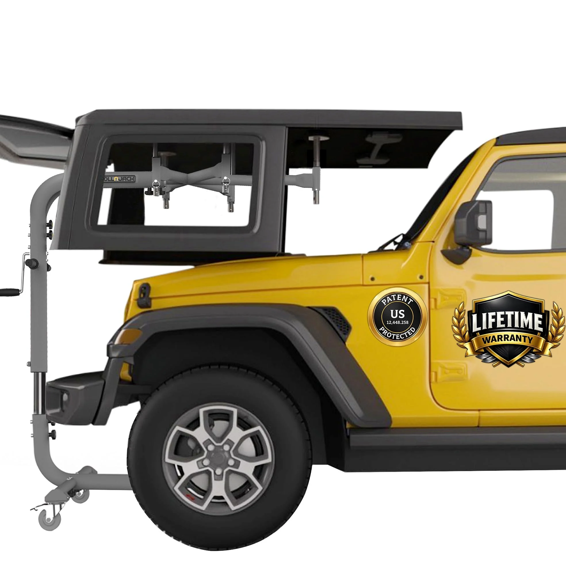 Levantamiento de techo duro para Jeep Wranglers: 2007 en adelante JK/JKU/JL/JLU + CJ, 2 y 4 puertas + Jeep elevados. Montaje rápido y fácil. Sistema para una persona. Desmontaje/instalación de techo