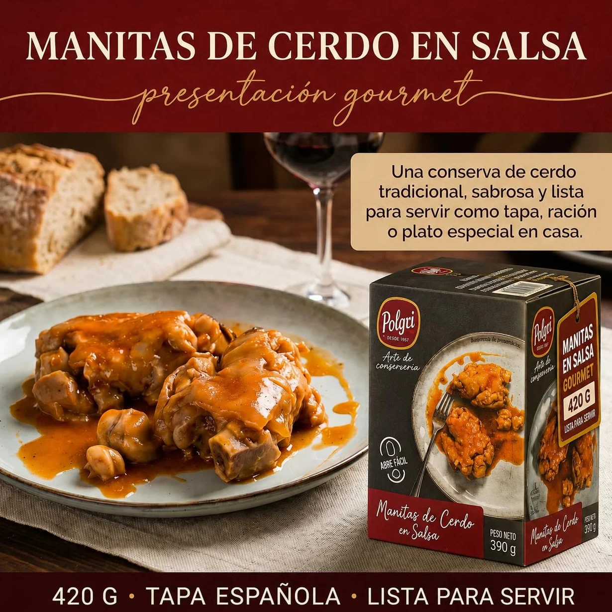 POLGRI Manitas de Cerdo en Salsa 420 g x 3 Latas Receta Tradicional La Mancha Colágeno Natural