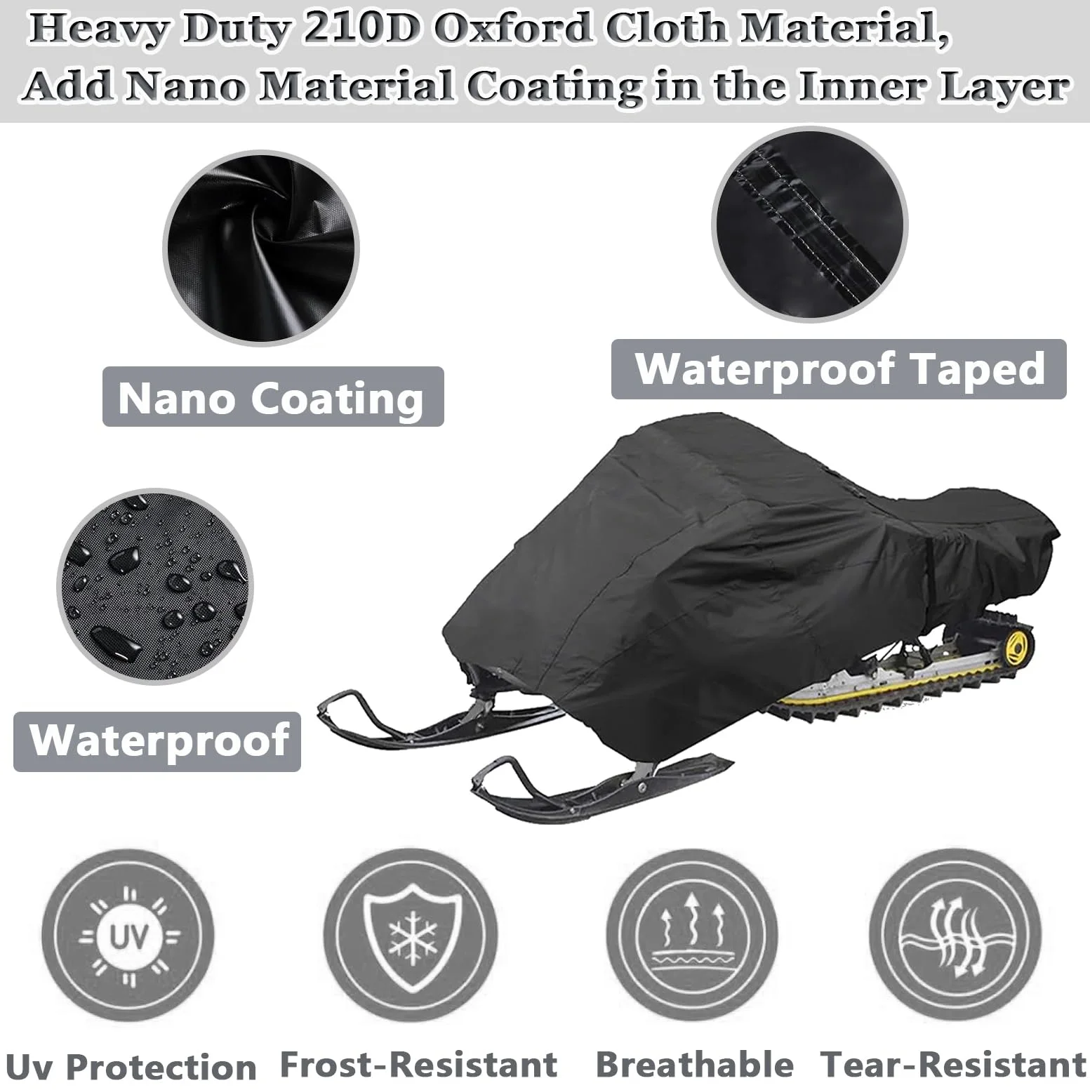 Funda Impermeable para Moto Nieve, Funda Protectora para Vehículos Trineo de Nieve de Invierno, Cubierta De Trineo para Máquina De Nieves Remolcable (Negro,368 x 130 x 121cm)