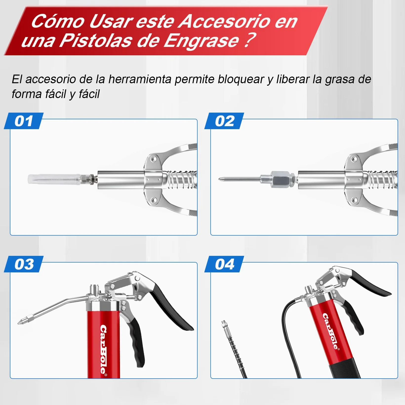 CarBole Pistolas de Engrase 8000PSI con Acoplador,Engrasadora,Bomba de Engrase,3 Mangueras Flexibles y Tubo de Extensión de Metal,Con Seis Tipos de Boquilla,Compatible con Cartucho de Tinta 400cc