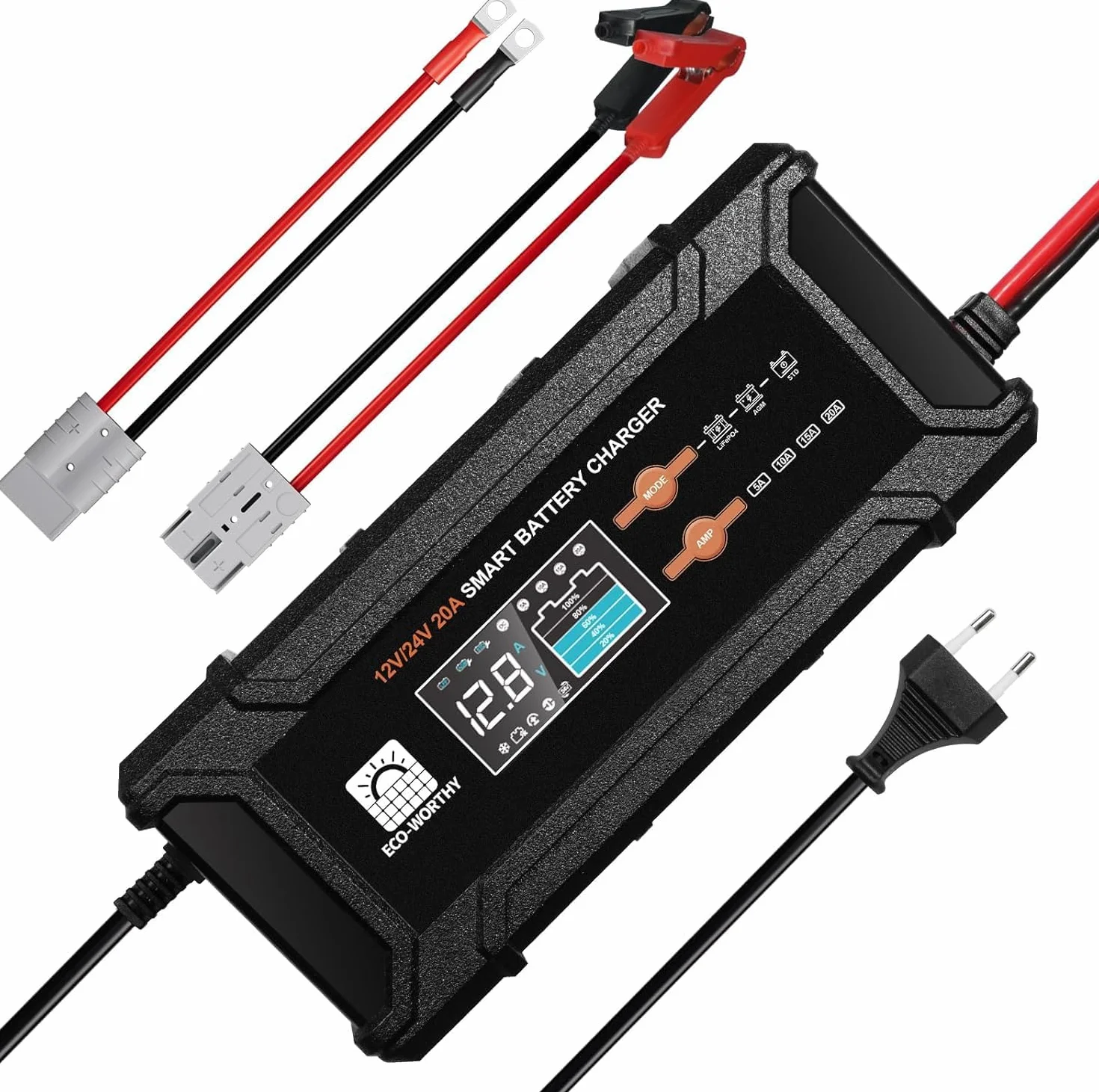 ECO-WORTHY 12 V/24 V 20 A Cargador de batería LiFePO4 con opciones multicanal 5 A/10 A/15 A/20 A, detección automática de voltaje de la batería Ploácido LiFePO4