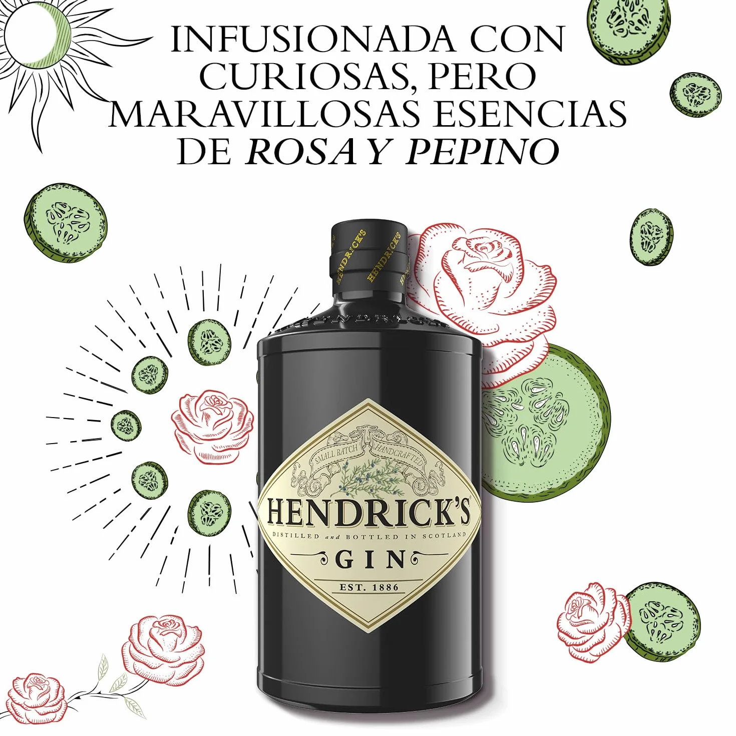 Hendrick's Gin Ginebra superpremium infusionada con pepino y rosa 41,4% vol. 70 cl