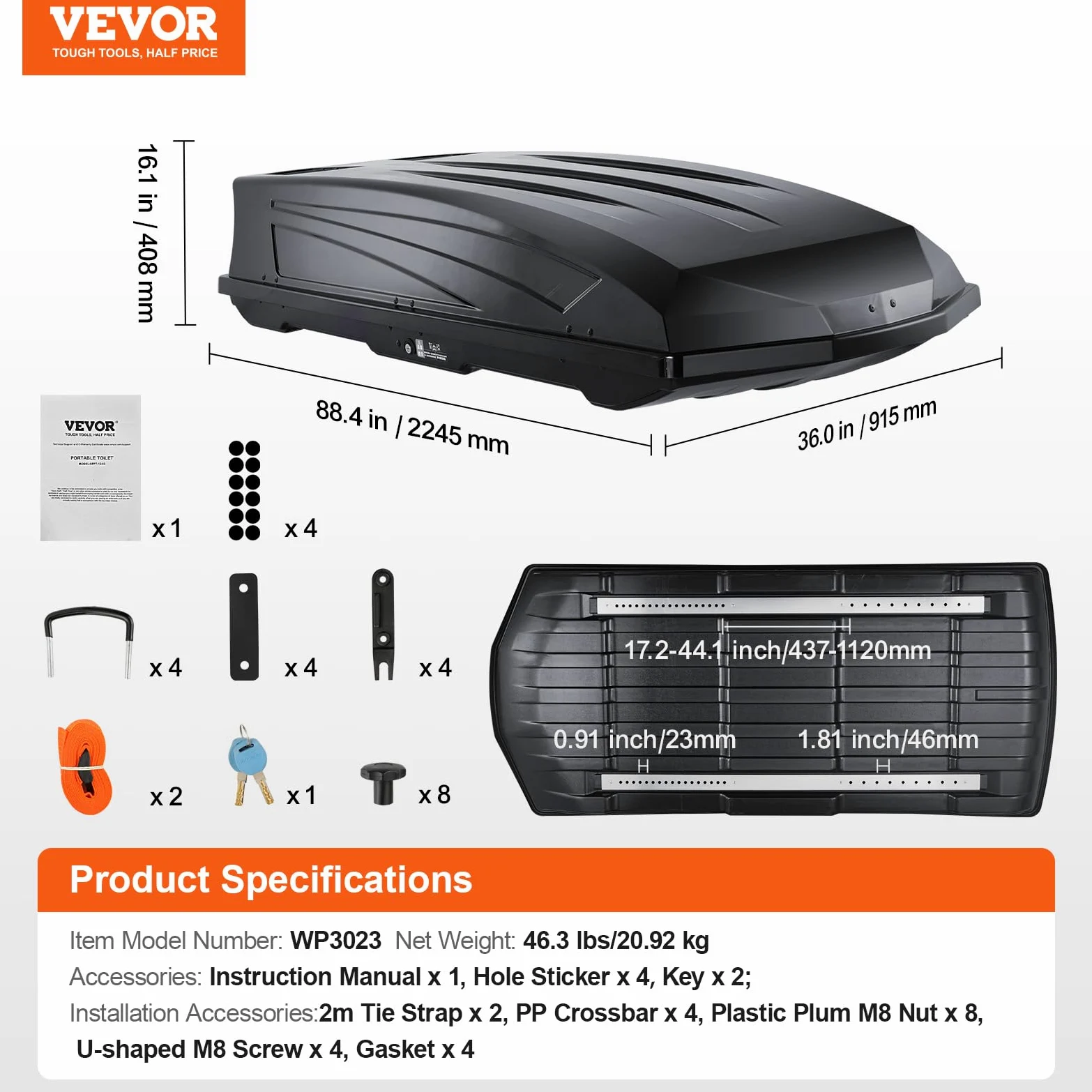 VEVOR Cofre de Techo 562 L Portaequipajes de Techo Rígido de ABS con Apertura de Doble Cara 2 Correas Reforzadas Aerodinámico Maletero Techo Coche para la Mayoría de Travesaños, Coche, SUV, Negro