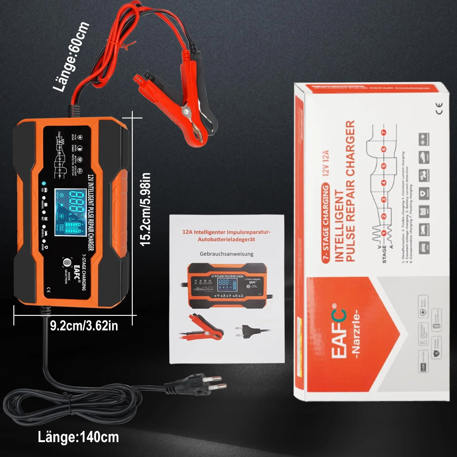 12A Cargador Baterias Coche Inteligente 12V, Mantenedor Bateria Moto para Baterías de Plomo-ácido, STD, AGM, Gel, SLA, Cable de 2m, Control Táctil, Compensación de Temperatura