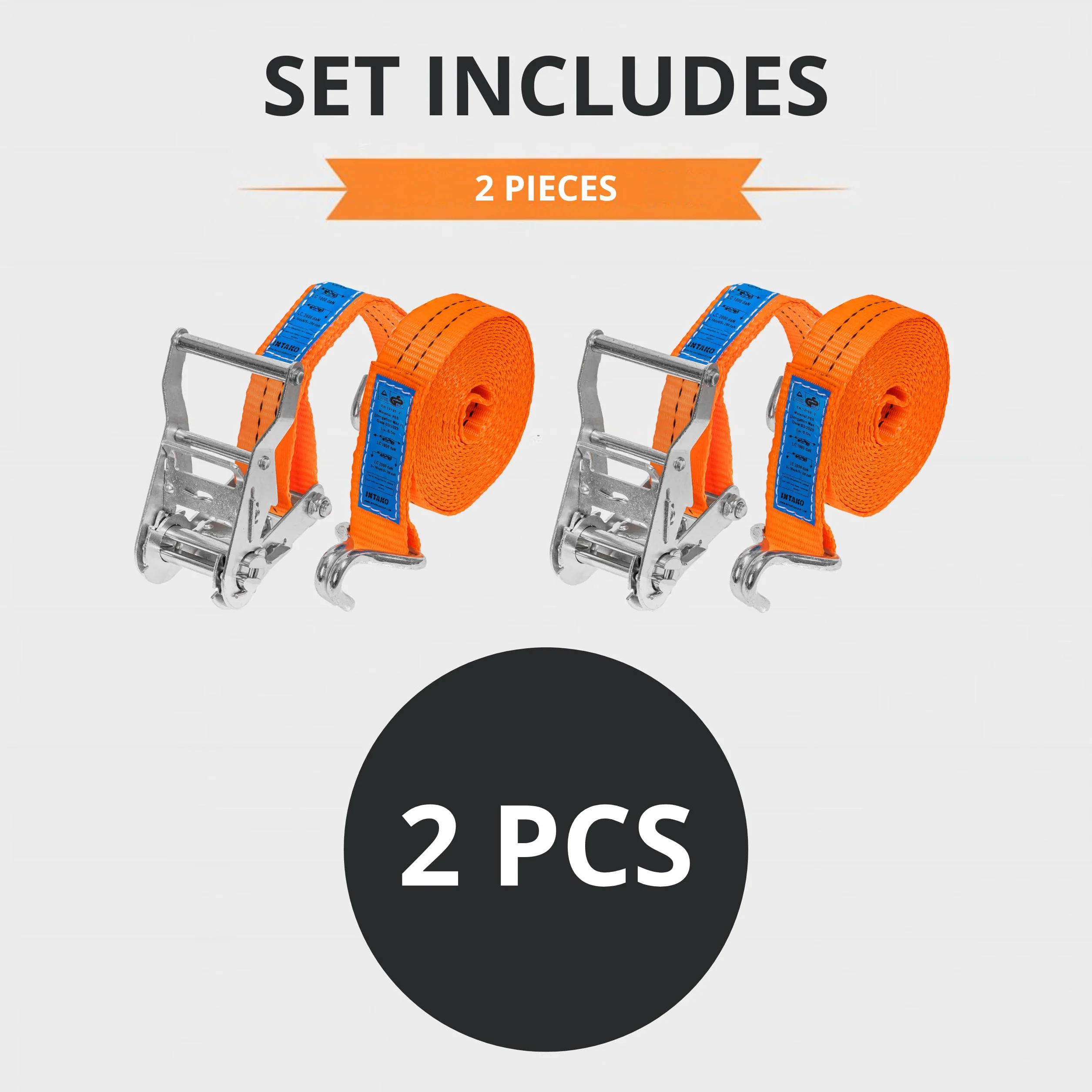 INTAKO Cinchas de Amarre con Carraca – 4m / 6m x 2000kg x 35mm – 2/10 Piezas – Eslingas con Carraca – Cinta de Amarre con Trinquete – Tensor de Cinchas para Auto y Moto (Naranja, 4m (2 Pezzi))