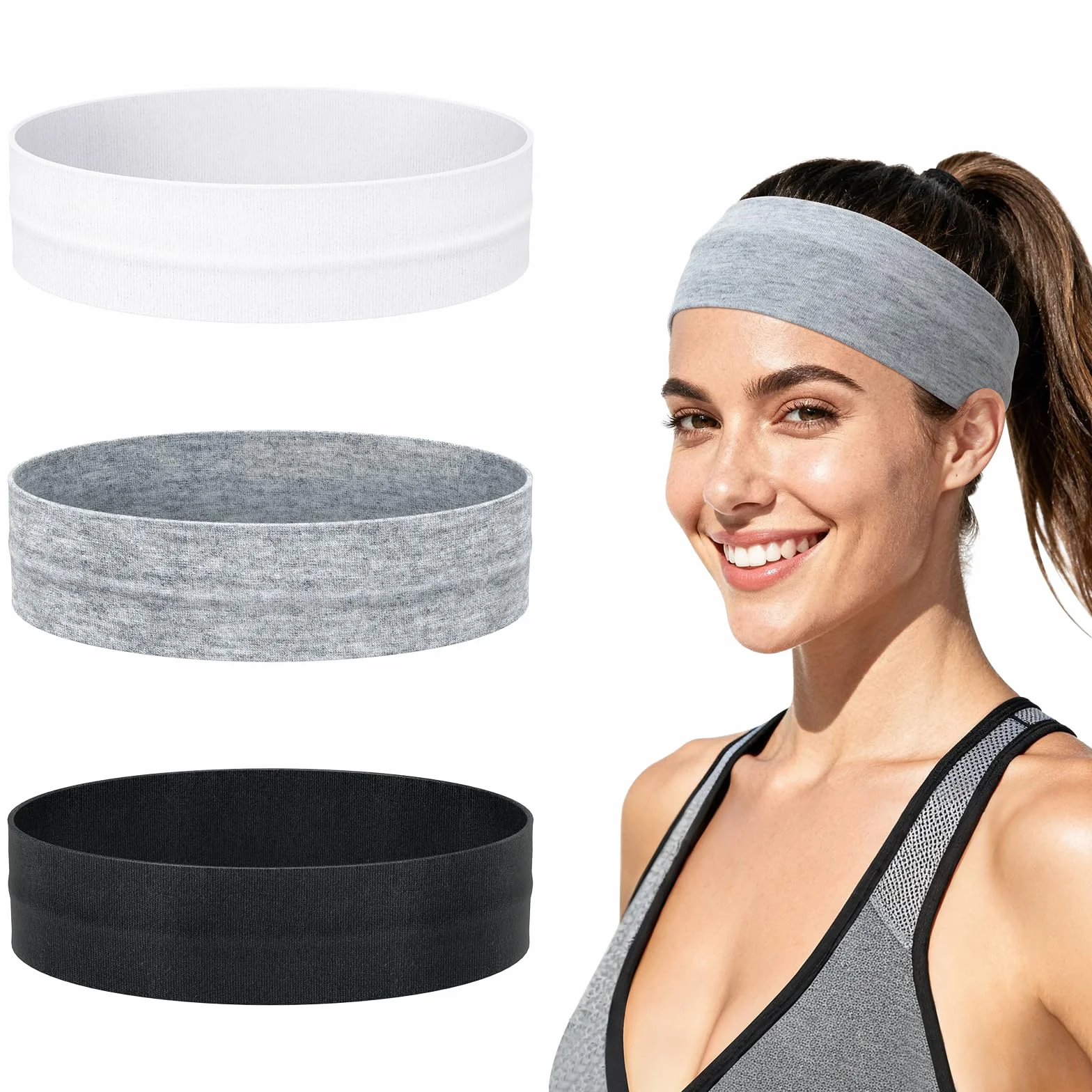 Diadema Mujer Antideslizante Tela Cinta Pelo Deporte Bandana Hombre Elástica Absorbente Sudor Headband Correr Yoga Gimnasio Negro Blanco Gris