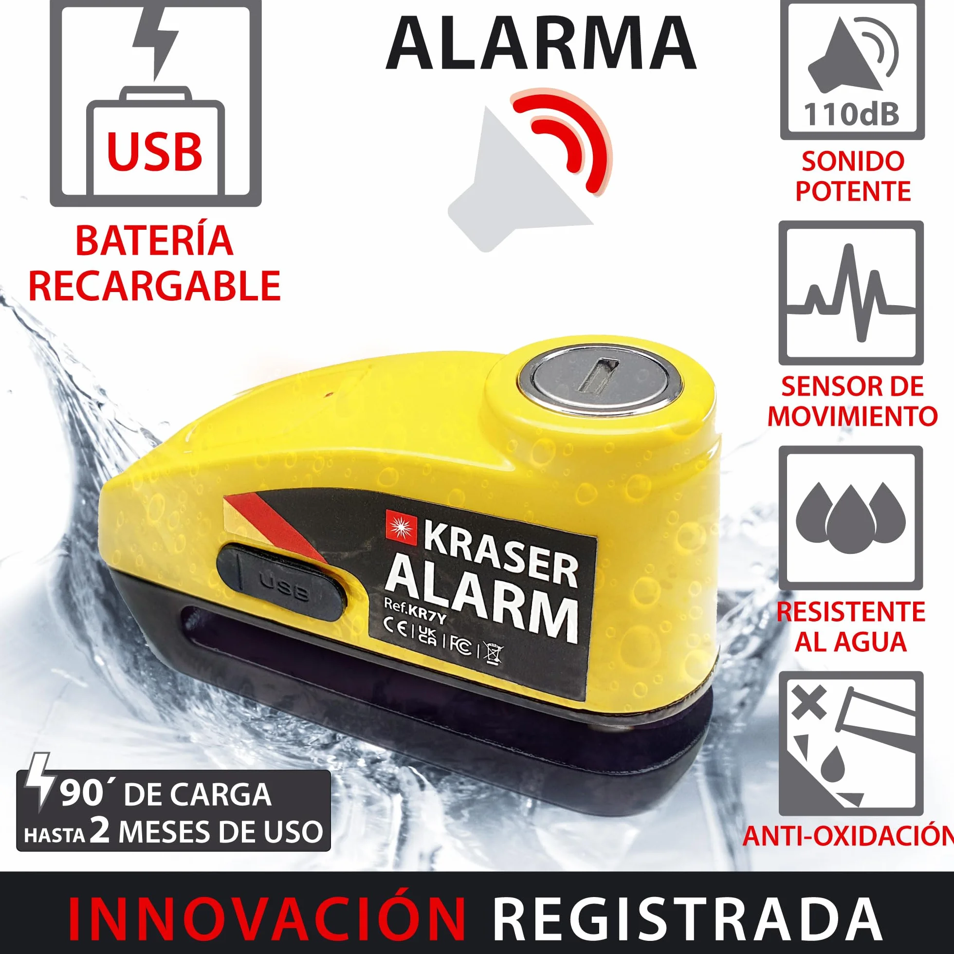 KRASER KR7Y Candado Disco Moto con Alarma 110dB Batería Recargable USB, Sensor de Movimiento, Impermeable Resistente Visible, Antirrobo Cepo Pinza Freno Bloqueo 7mm Universal, Amarillo