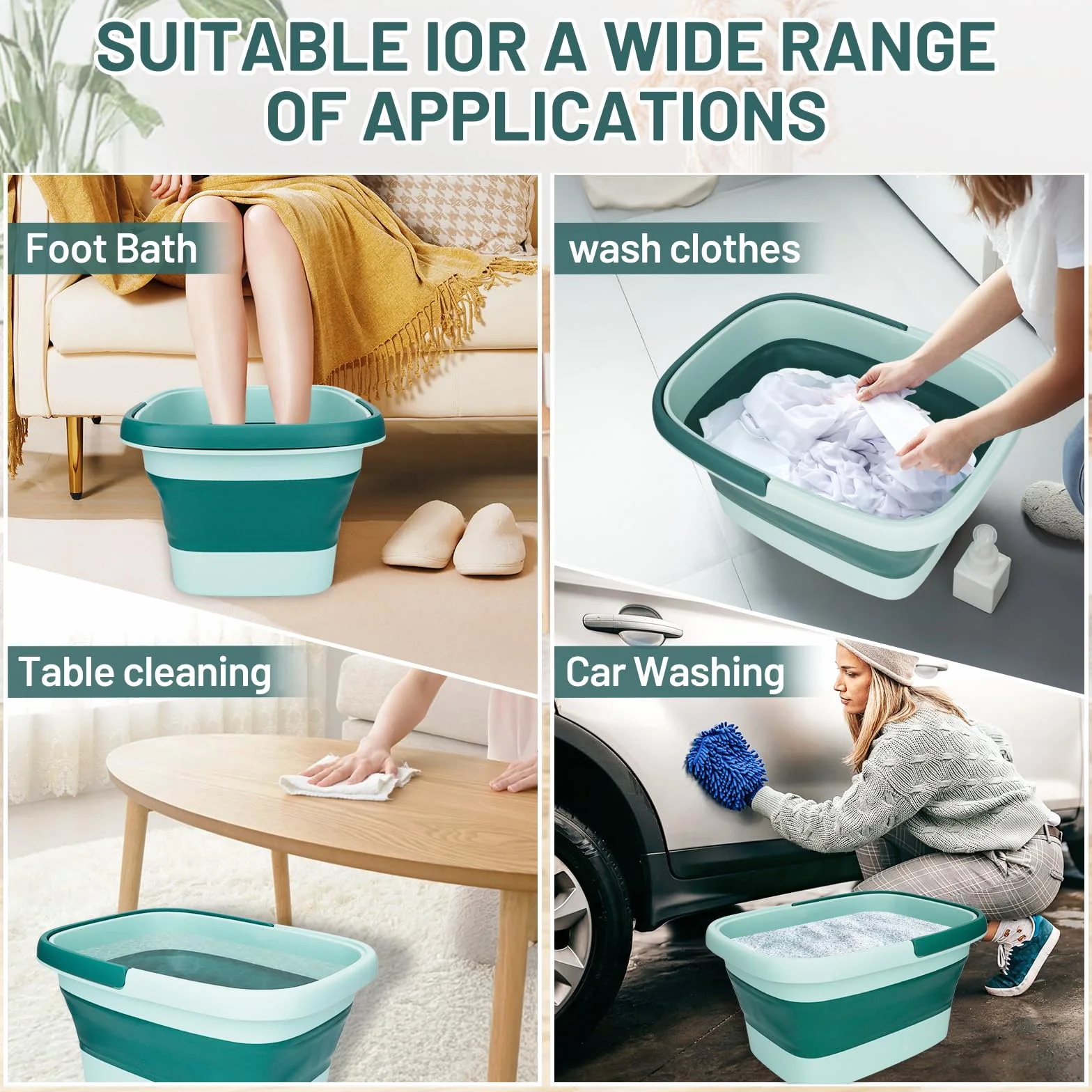 Tina de baño de pies plegable 15L con asa y rodillos de masaje SPA hidromasaje ergonómica verde claro