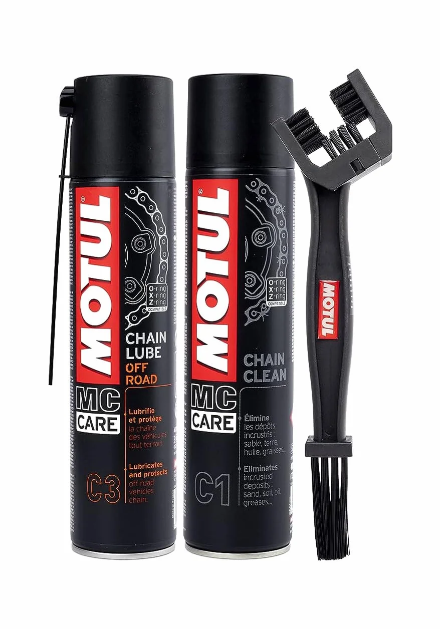 Kit limpiador lubrifica cadena Motul Chain Clean C1 + Motul C3 Chain Lube Off Road + Cepill