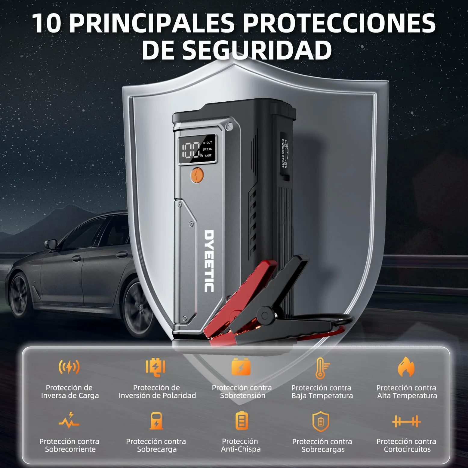 Arrancador de Coche, 6000A Arrancadores de batería de Coche,12V Jump Starter Portátil (para All Gasolina o 10L Diesel) con 18W Carga Rápida, Linterna LED de Emergencia, Cables de Arranque