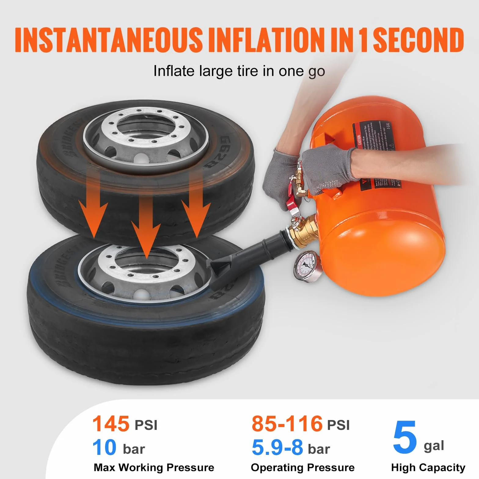 VEVOR Inflador de talones de neumáticos Inflador de neumáticos Rompetalones 19L 400x535x295mm Colocador de talones de neumáticos 85-116psi Inflador de impactos de neumáticos para automóviles