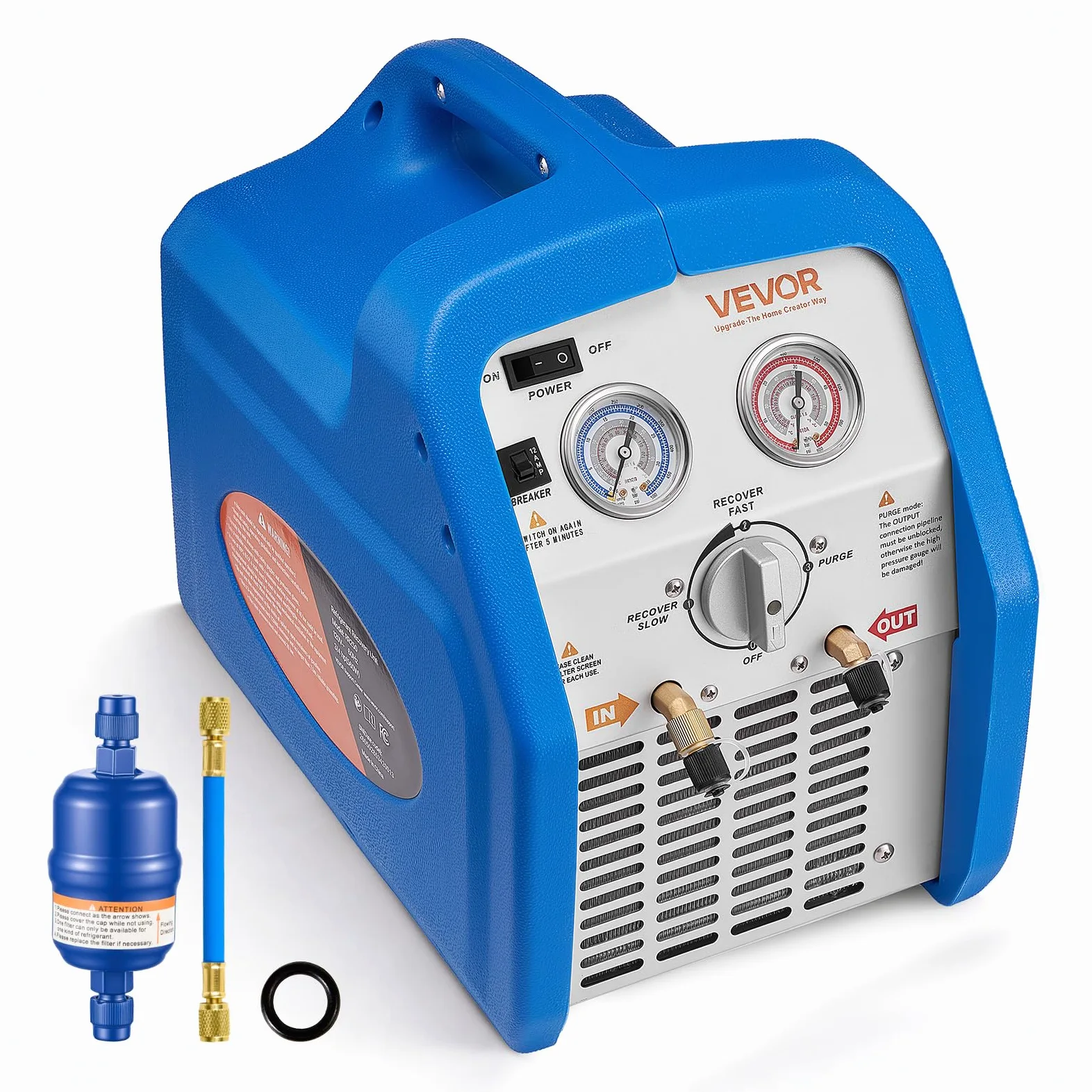VEVOR Máquina Portátil de Recuperación de Refrigerante 3/4 HP, Máquina de Recuperación con Protección de Alta Presión 2,2 kg/min Velocidad de 1450 RPM, Cilindro Único, para Vapor Líquido Refrigerante