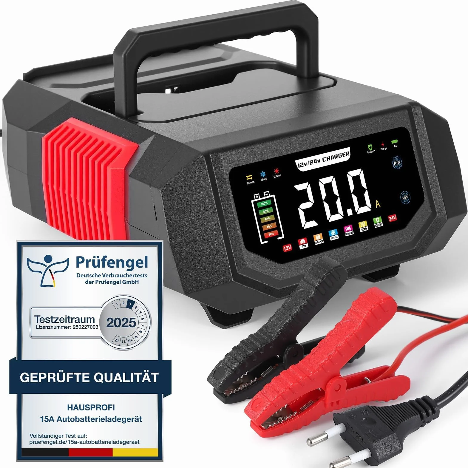 HAUSPROFI 20A Cargador de batería inteligente 12V/24V para coche, moto y camiones