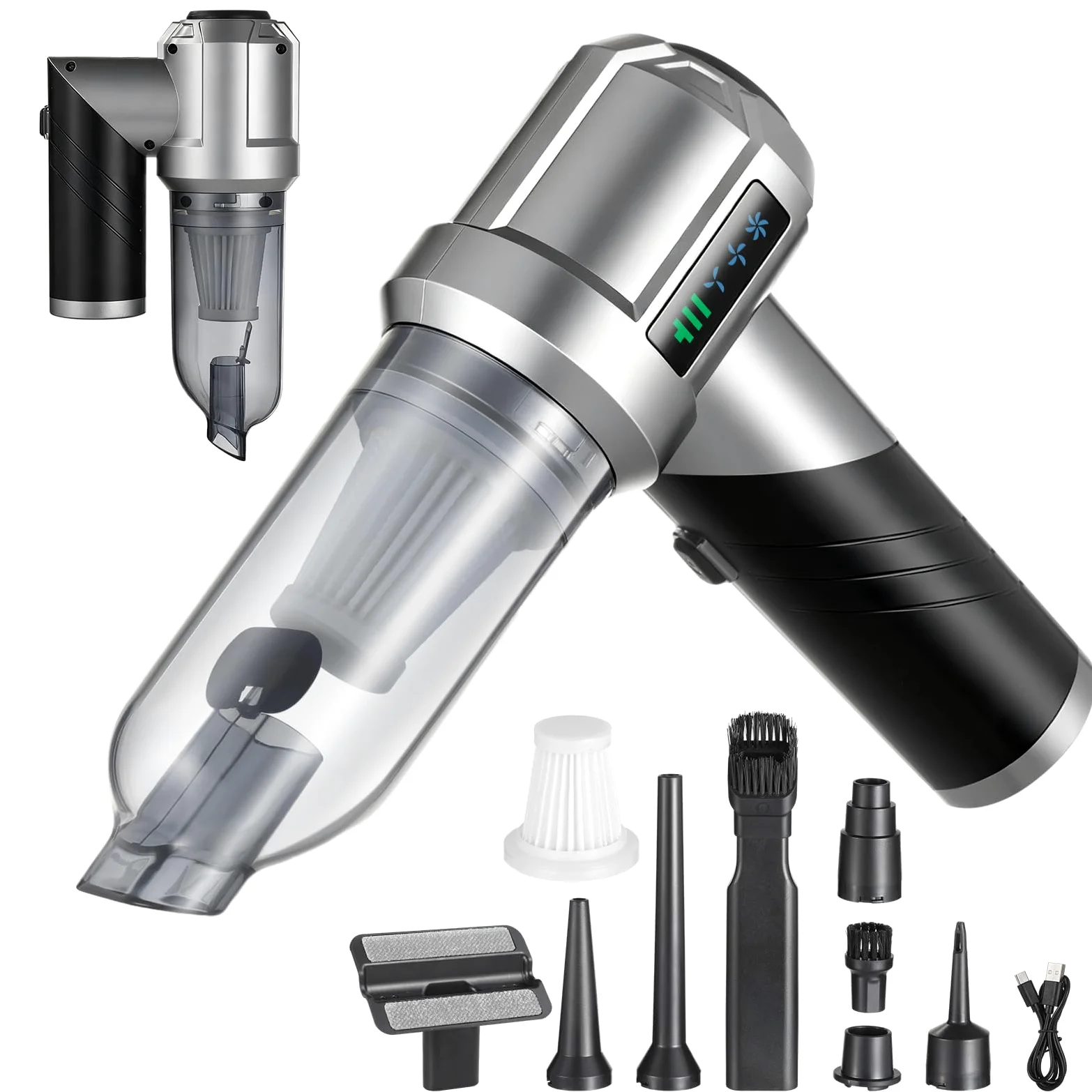 Aspirador de Coche Inalámbrico 16000Pa, 4 en 1 Aspirador de Mano con Batería 6000mAh, Plegable con Indicador de Batería LED y 9 Boquillas para Coche, Hogar, Oficina y Mascotas