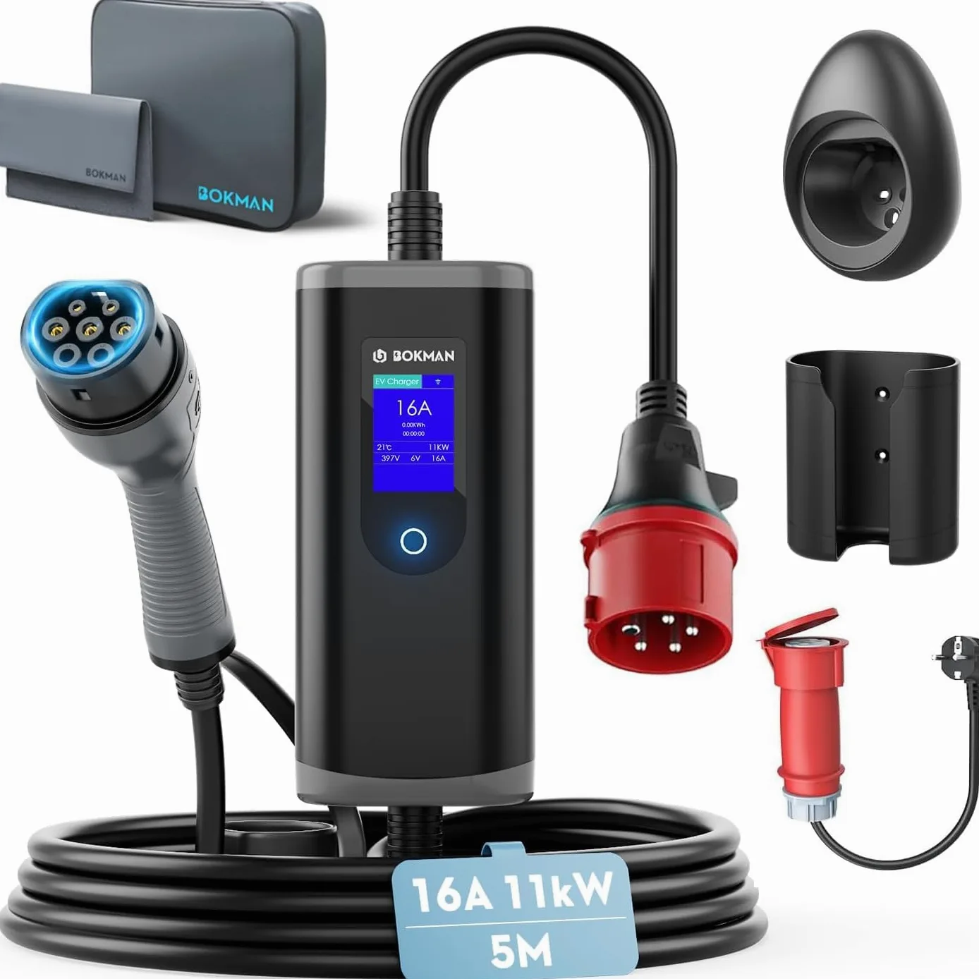 bokman Cargador Coche Eléctrico Tipo 2 11kW 5 Metros y Cable Adaptador | 3 Fases, 6-16A,CEE, IP65 Impermeable, EV-Cargador portátil con Adaptador CEE para Vehículos Eléctricos