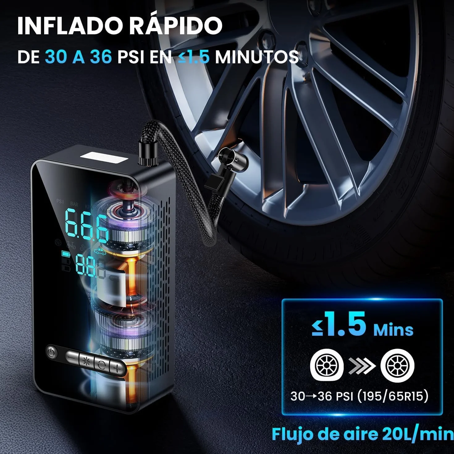 Inflador Eléctrico Portátil 150PSI con Parada Automática, Hinchador de Ruedas para Coche Moto Bicicleta