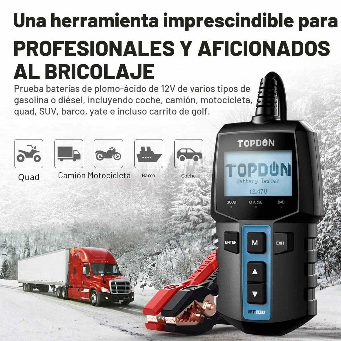 TOPDON BT100 Comprobador de Baterias de Coche 12V, 100-2000 CCA Probador de Batería Auto para Arranque y Sistema de Carga, Analizador de Batería Digital para Coche, Camión, Moto, ATV, SUV, Barco,Yate