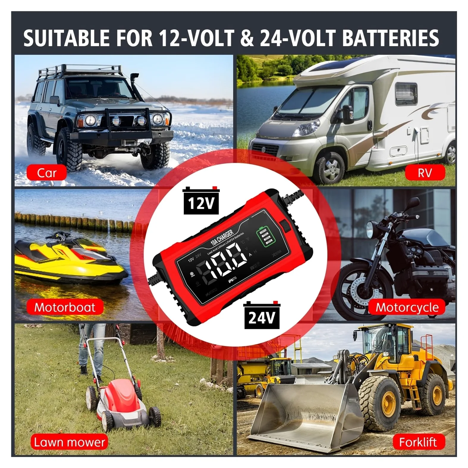 Cargador De Batería De Coche De Reparación Inteligente Universal De 12V 24V 10A, Cargador De Reparación For Batería De Plomo Ácido AGM GEL LiFePO4(10A UK Plug)