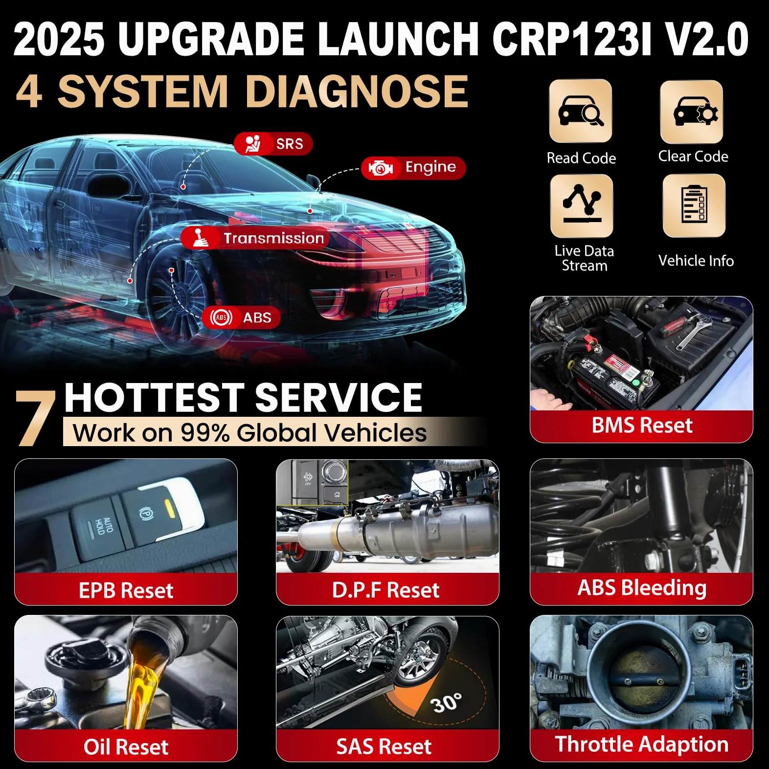 LAUNCH CRP123i V2.0 OBD2 - Herramienta de diagnóstico de lector de código, escáner OBD Elite Car con 4 sistemas y 7 funciones de reinicio (aceite, SAS, freno, BMS, ABS, DPF, acelerador) para vehículo