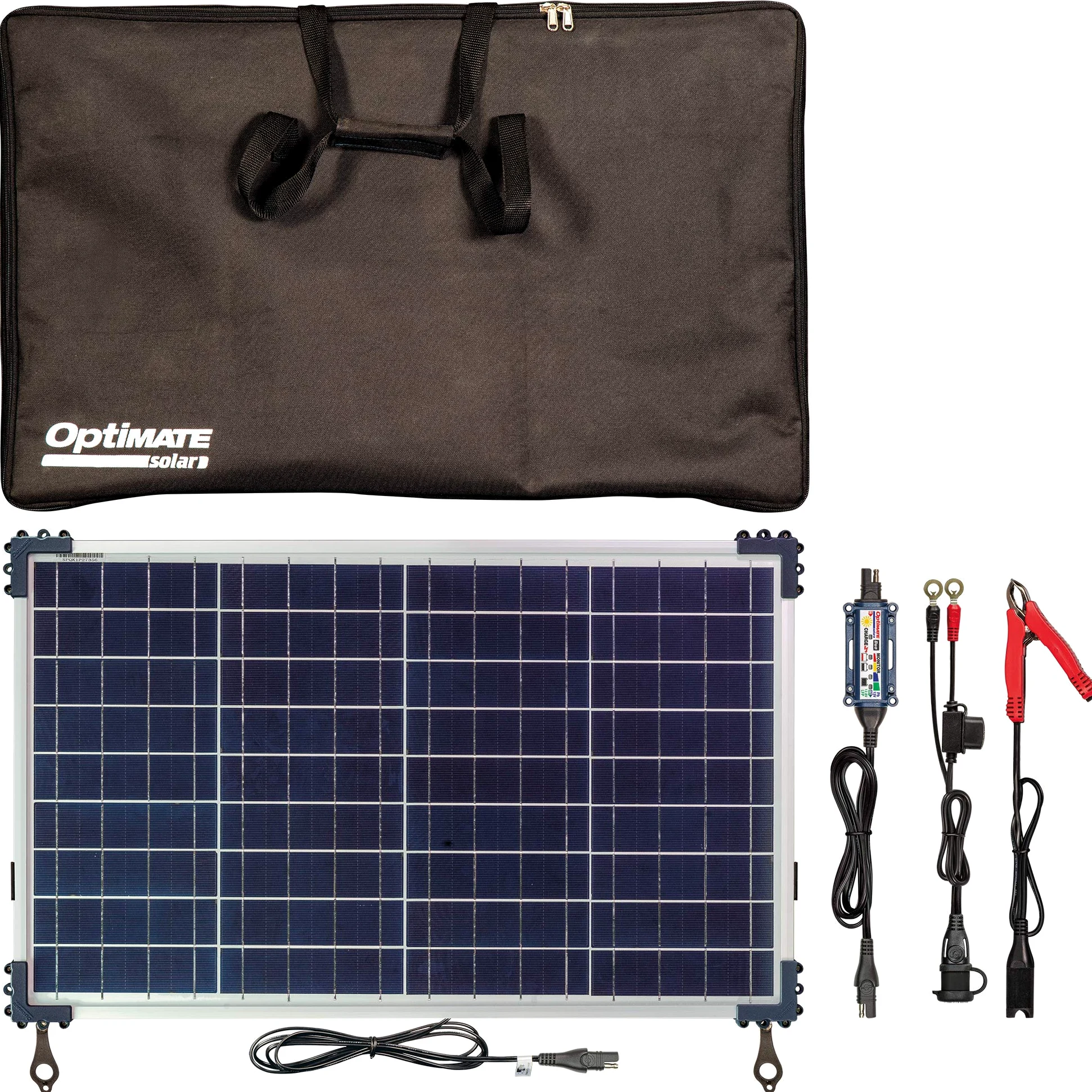 OptiMate Solar DUO 40W Travel Kit, TM522-D4TK, Cargador-mantenedor solar con modo de recuperación para baterías selladas de 12V / 12.8V y 3.33A en 6 fases