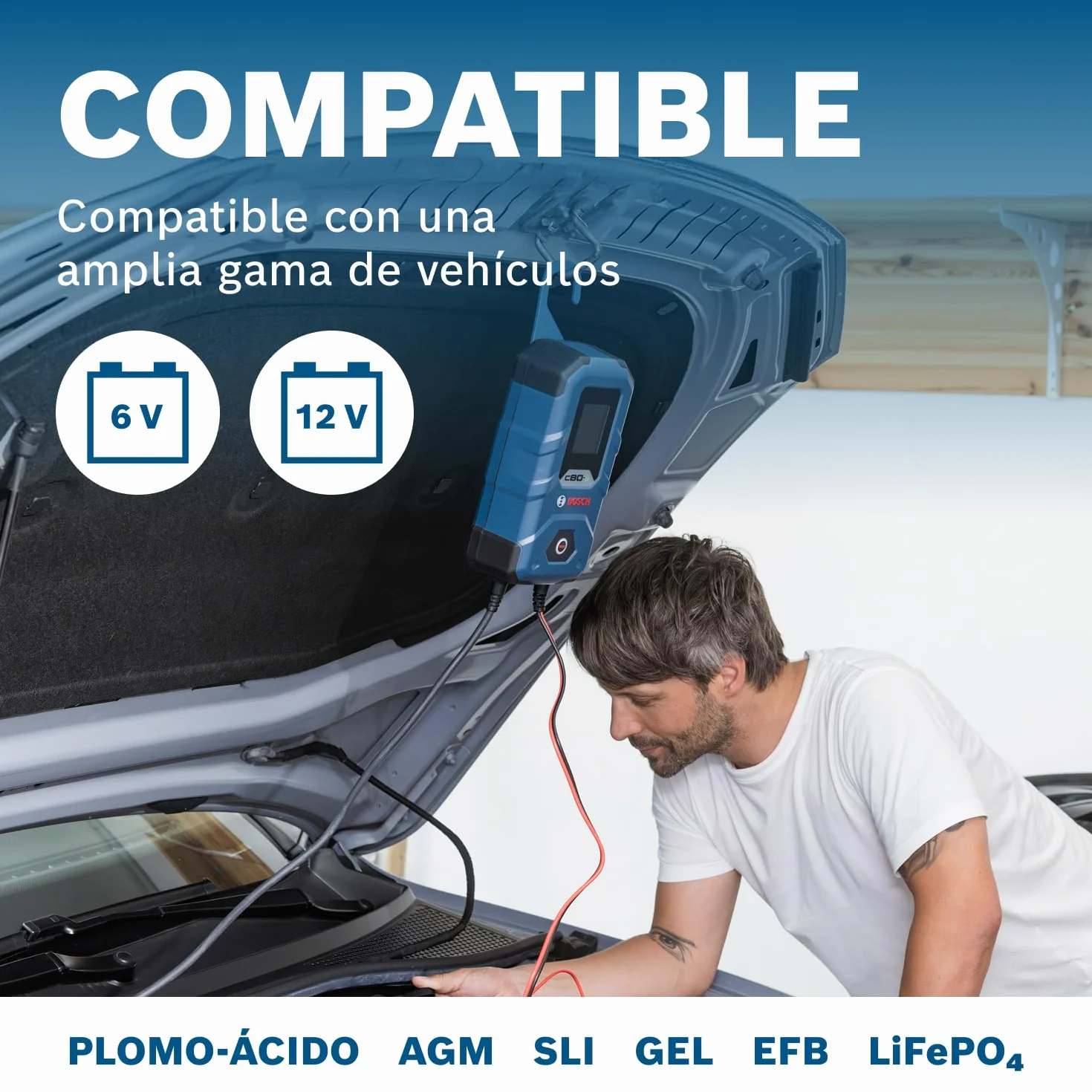 Bosch Cargador de Batería para Coche C80-Li, 15 Amperios, con Función de Carga Continua - para Baterías de Plomo-ácido, AGM, EFB, Gel y SLI, de 6V/12V, y de Litio (LiFePO) de 12V