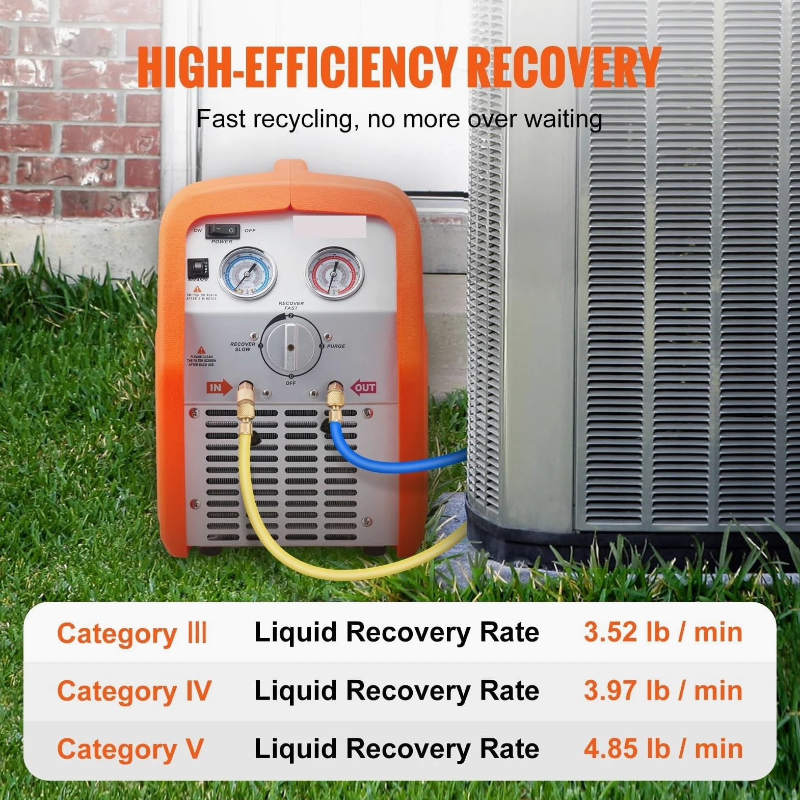 Máquina de recuperación de refrigerante, máquina portátil de recuperación de CA HVAC 1HP/3/4 H-P para refrigerante líquido de 120 V, unidad eficiente y fiable para el mantenimiento de sistemas HVAC