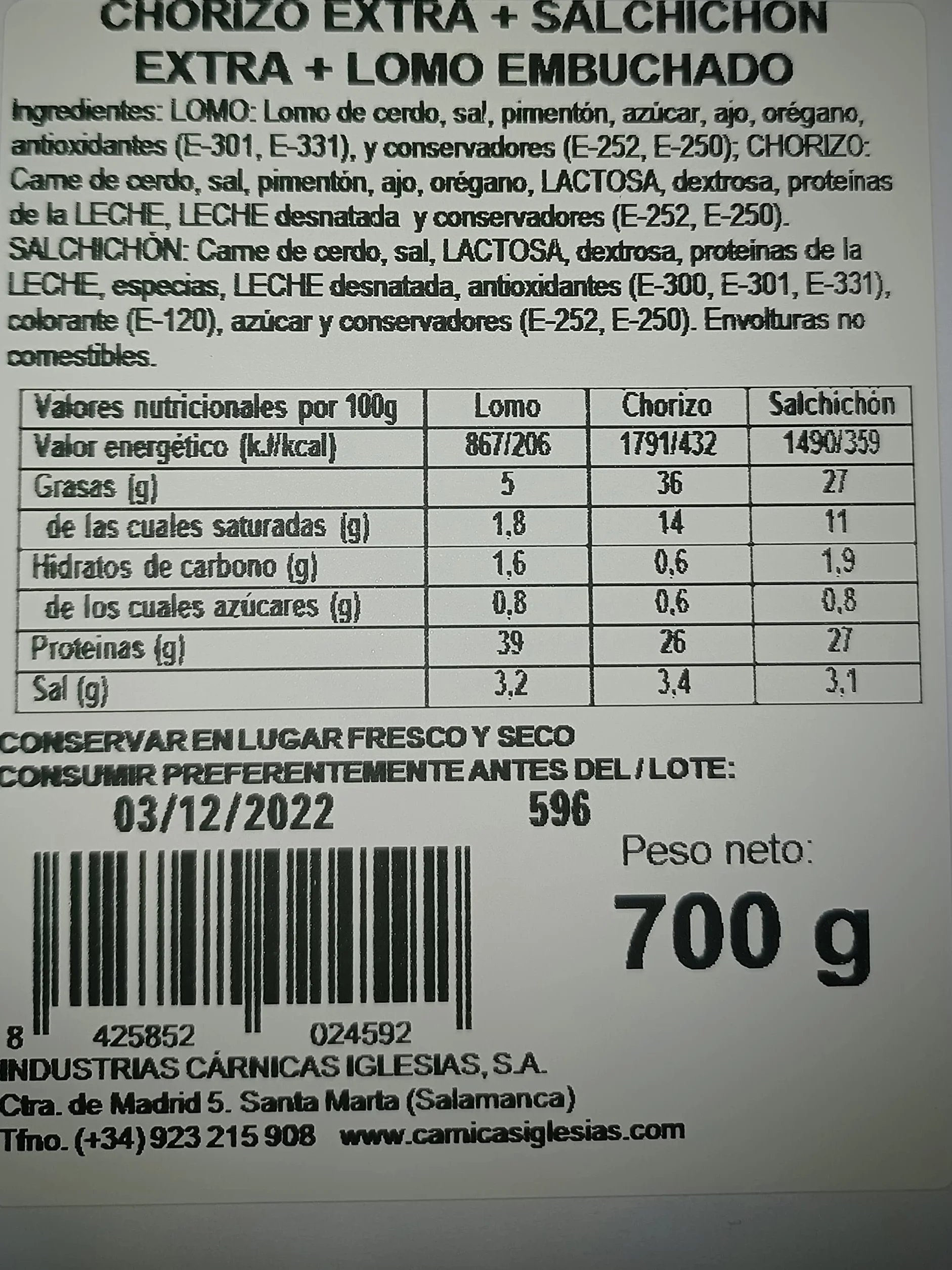 IGLESIAS ASI DA GUSTO Lote Lomo Embuchado Chorizo Extra Salchichón Extra 700g