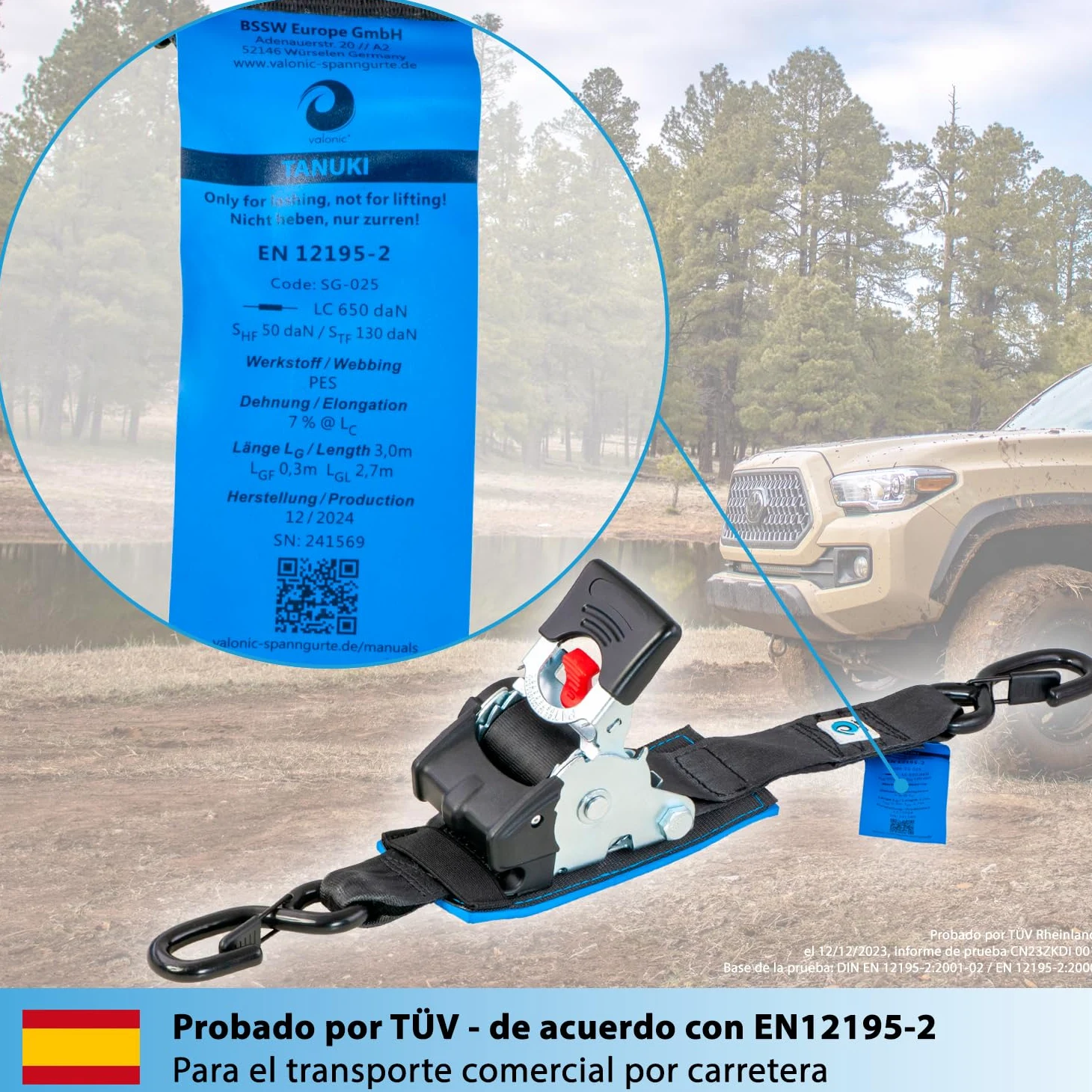 valonic Tanuki - 2X 3m XXL eslingas automáticas con carraca y Gancho, 50mm, 650/1300 Kg, Acolchado, EN-12195-2 - cinchas de Amarre con trinquete, para Sup Board o Moto, Negro