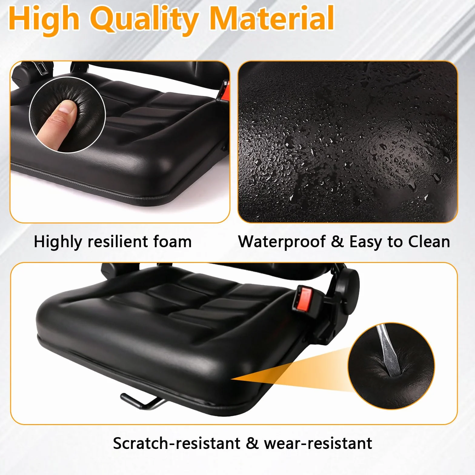 Asiento universal para montacargas, asiento de tractor con respaldo ajustable de 35°–180°, guía deslizante, apoyabrazos plegables y desmontables, cinturón de seguridad retráctil para montacargas