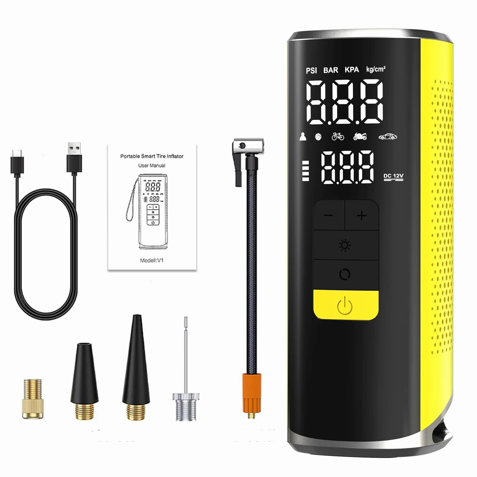 Inflador Neumáticos Recargable 12V Portátil, Compresor Digital Apagado Automático Luz LED SOS Power Bank para Coche Moto Bicicleta,Amarillo