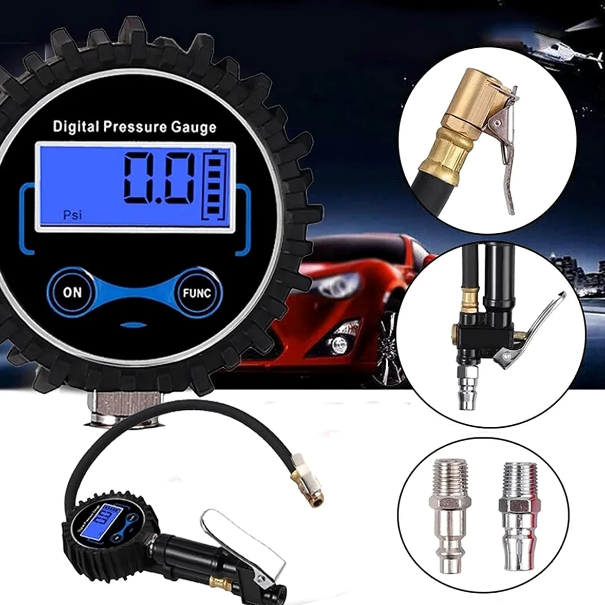 Inflador de neumáticos Digital 0-200PSI con manómetro con 4 Tapas de válvula Indicador de inflado de neumáticos de Acero con Manguera de Goma