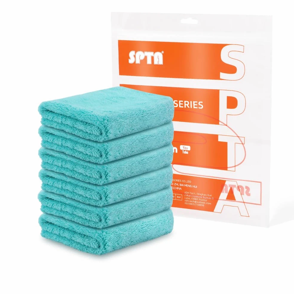 SPTA Toalla de Secado de Microfibra para Lavado de Coche, Paquete de 6 Toallas de Lavado de Coche súper afelpadas sin Bordes para Detalles de automóviles, 16.1 x 17.7 Pulgadas, 420 g/m², Azul