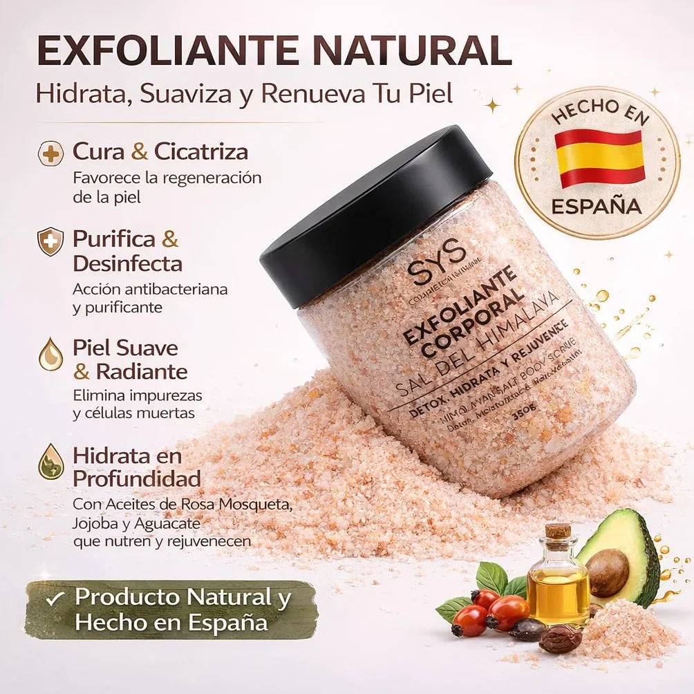 SYS Exfoliante Corporal Natural Sal Rosa del Himalaya 350 g Aceites de Rosa Mosqueta y Aguacate Vegano