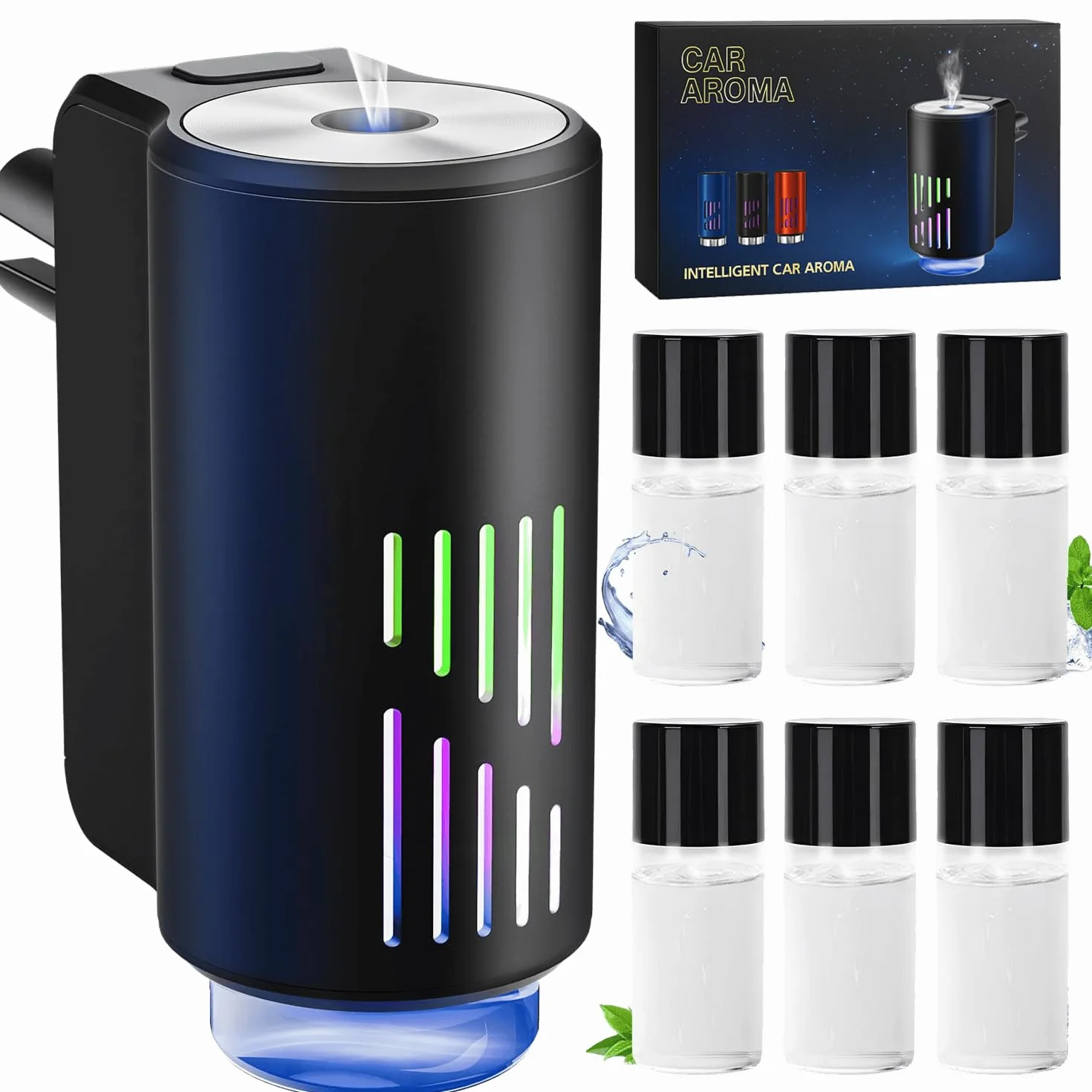 AI Eléctrico Ambientador Coche con 6 perfumes, Nebulizador Ultrasónico, 3 Modos Inteligentes, Encendido/Apagado Automático, Batería Incorporada, Perfume Francés Natural,Fragancia Hasta 12 Meses CFK-6Z