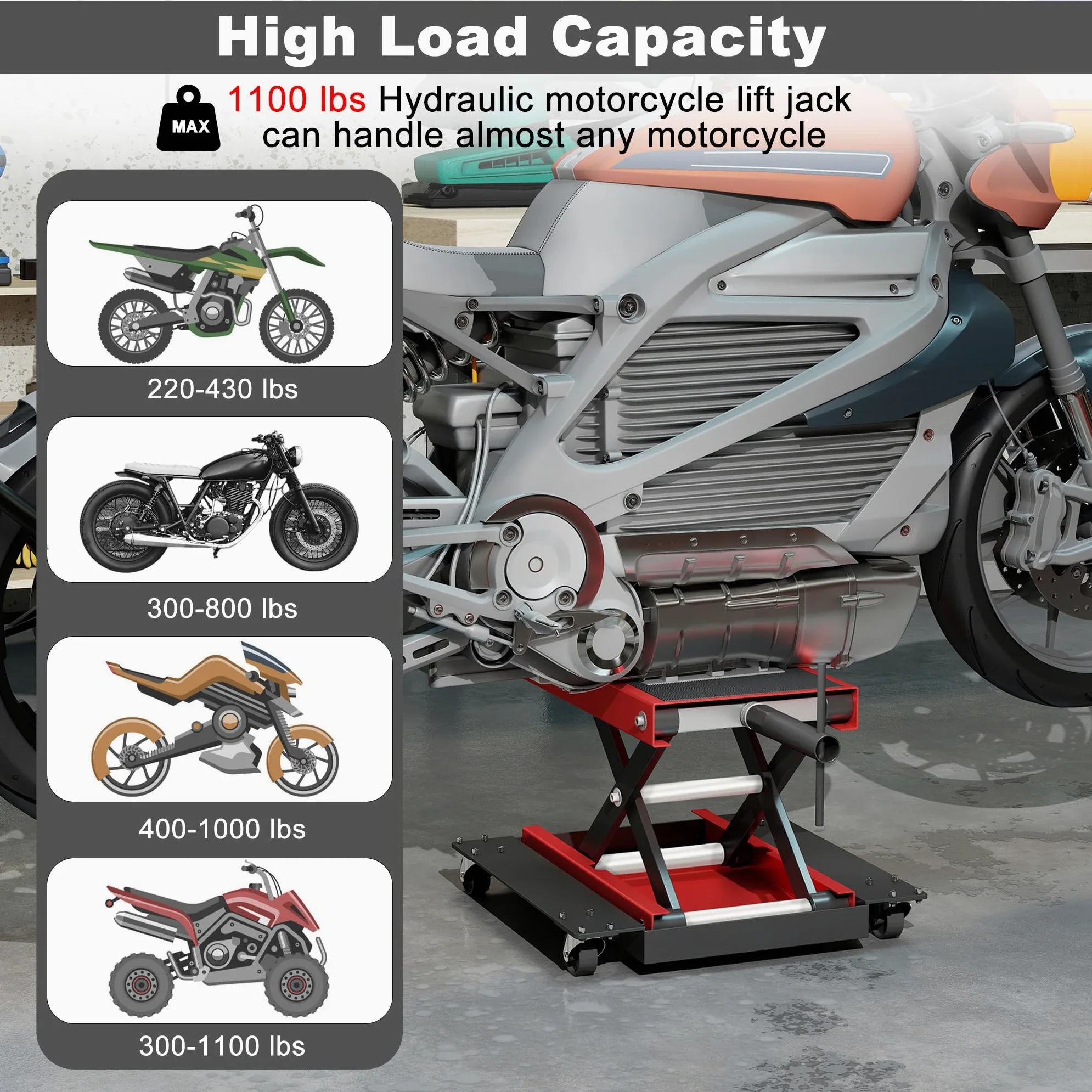 Froadp Elevador de moto con ruedas, plataforma elevadora para reparaciones, altura regulable hasta 500 kg, plataforma elevadora para ATV, quad y motocicletas, garaje y uso al aire libre
