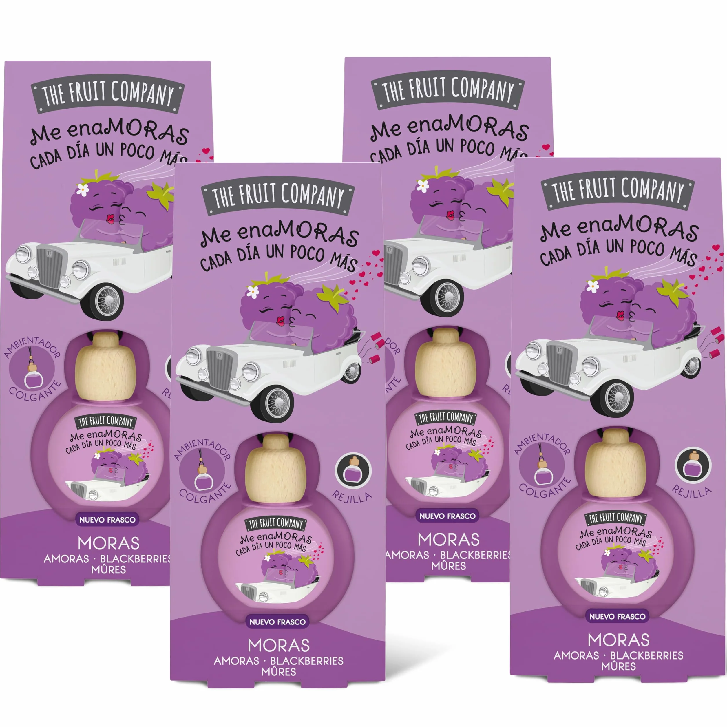 The Fruit Company - Ambientador de coche con Absorbe olores, aroma frutal MORAS, Pack de 4 unidades