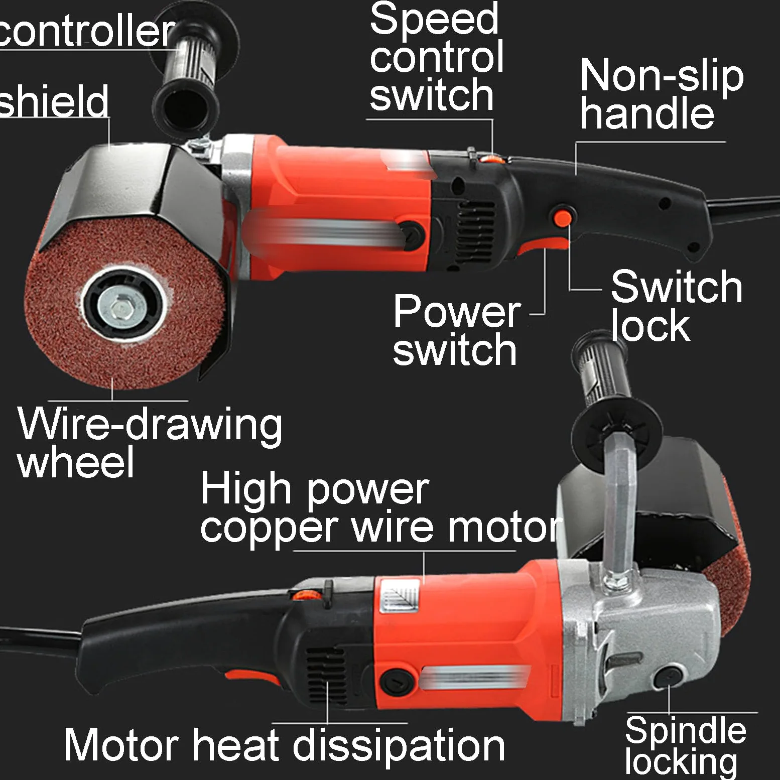 Máquina de bruñido y Pulido de Alta Potencia para Metal/Madera, 6 velocidades Ajustables, Cubierta Protectora, Cable de alimentación Largo Tratamiento de Superficies.