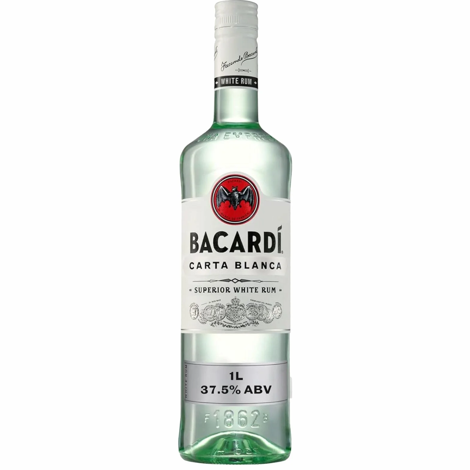 BACARDÍ Carta Blanca Ron Blanco Superior 37,5% ALC. 1 L Ron Caribeño Icónico