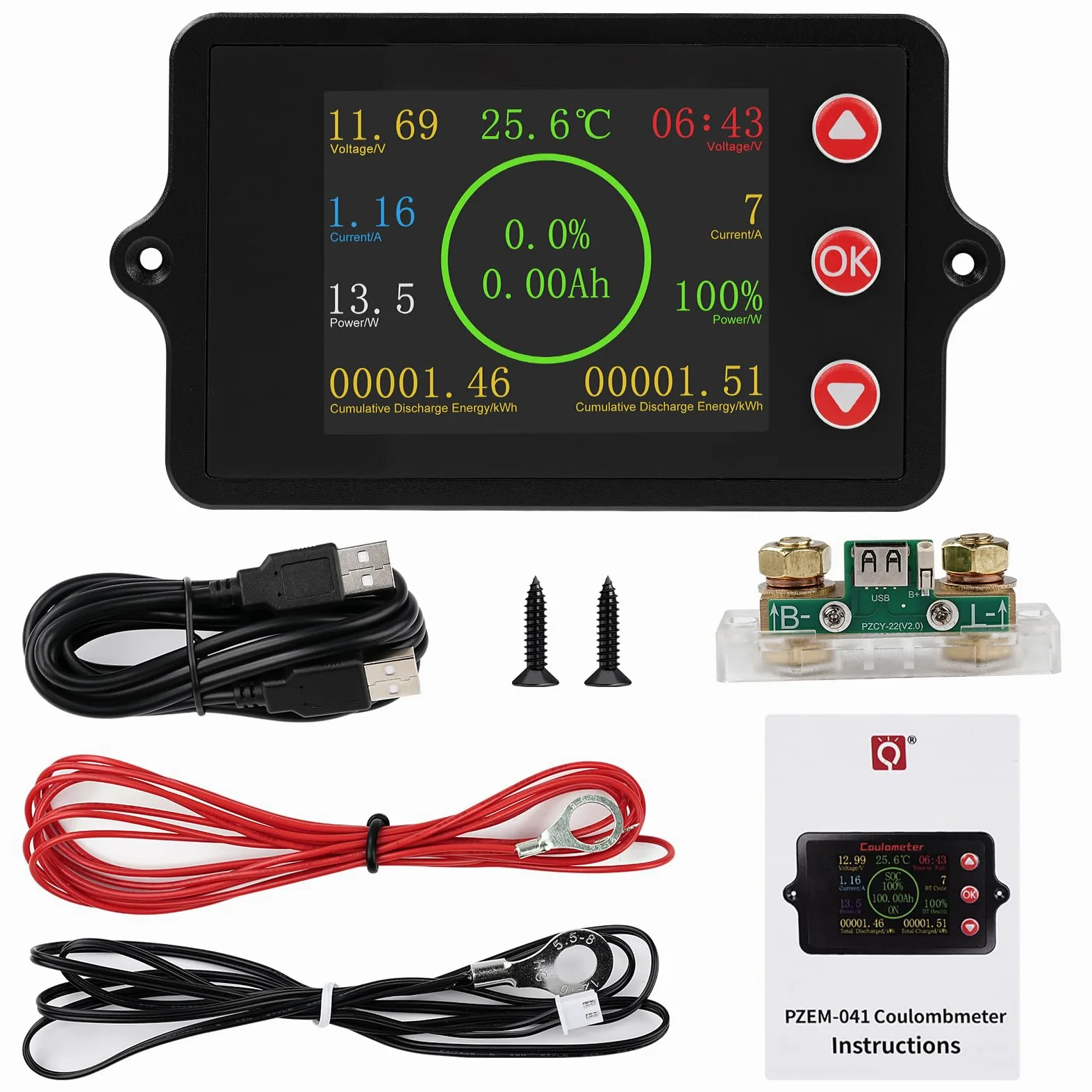 Monitor de Batería DC8-100V Comprobador de Baterias Pantalla a Color Battery Monitor Corriente/Tensión/Potencia/Capacidad restante/Conteo de ciclos Derivador de Cobre-manganeso 300A + USB 2 m