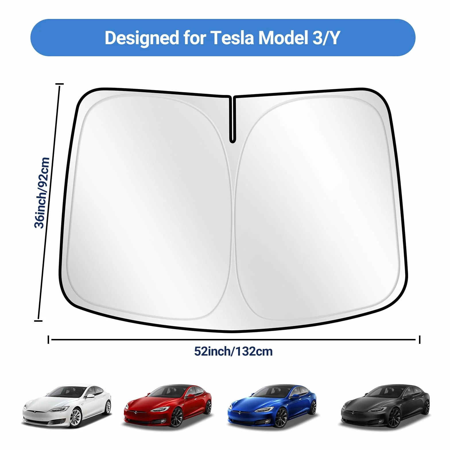 ZATOOTO Parasol Coche Delantero para Tesla Model Y Model 3, Protección Solar para Parabrisas, Cubierta Parabrisas para Bloques de Verano UV, Visera para Coche, Plegable, 132x92 cm