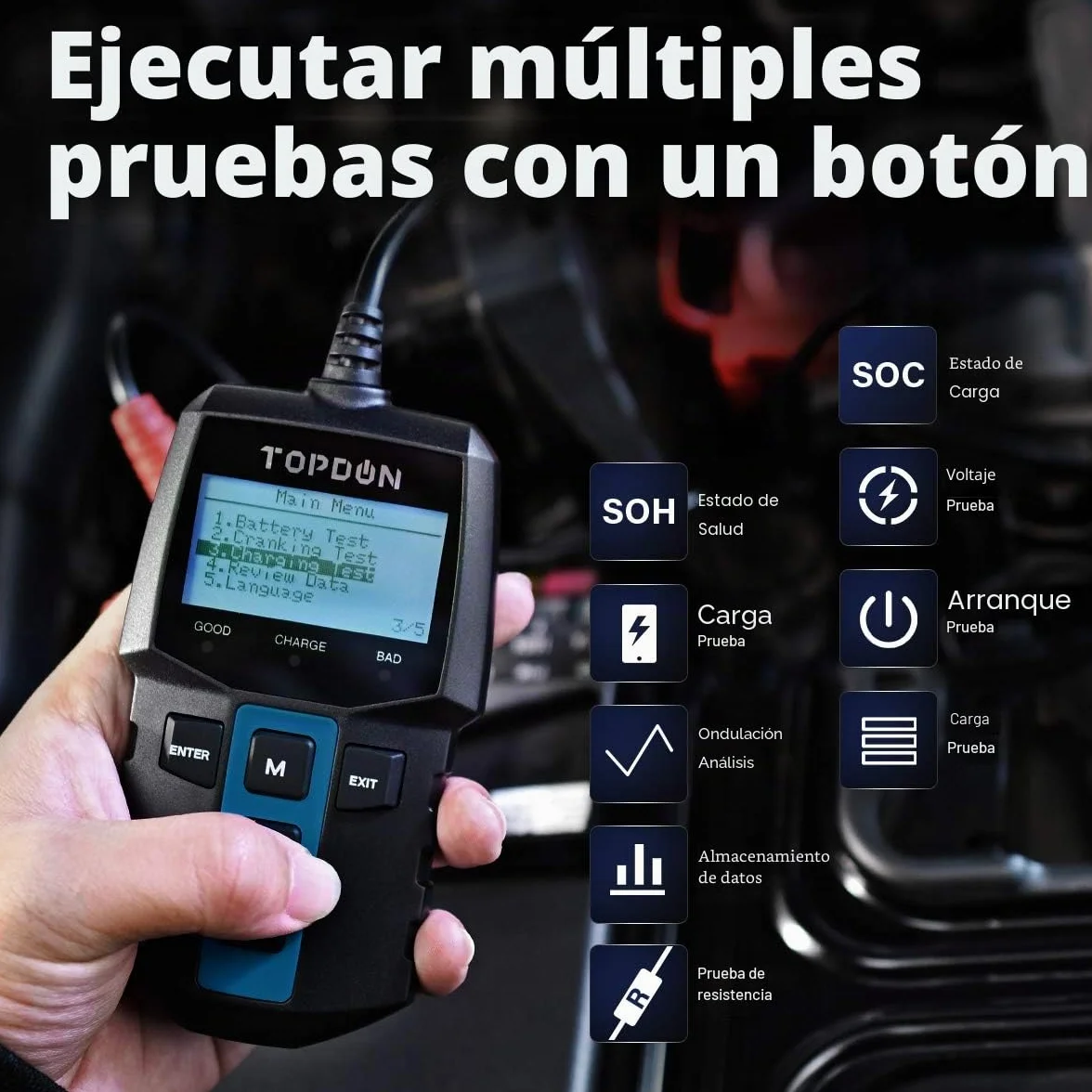 TOPDON BT100 Comprobador de Baterias de Coche 12V, 100-2000 CCA Probador de Batería Auto para Arranque y Sistema de Carga, Analizador de Batería Digital para Coche, Camión, Moto, ATV, SUV, Barco,Yate