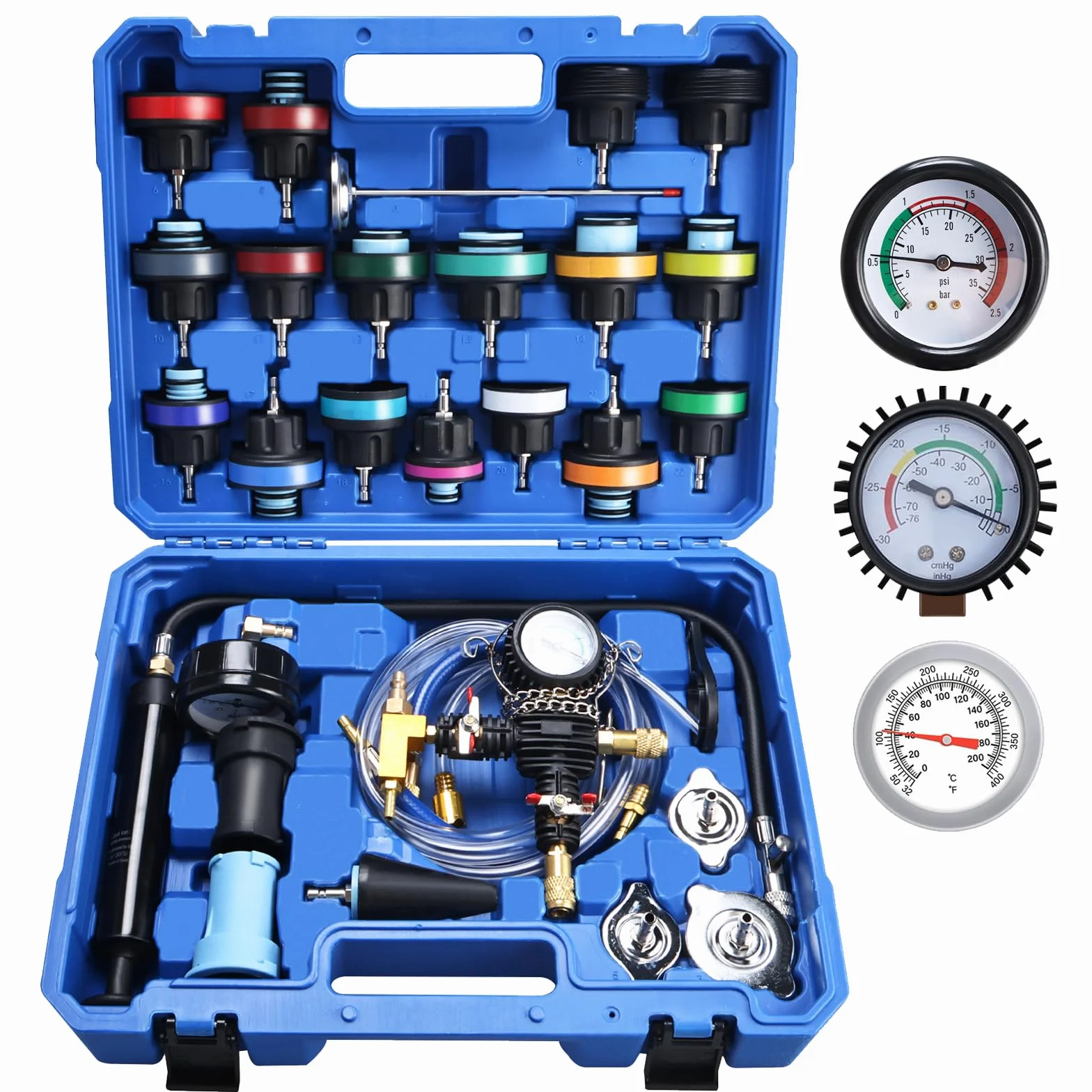 FreeTec 28 pzs Probador Presion Radiador, Universal Probador Presion Circuito Refrigeración, Kit Comprobador de Fugas Purgador Liquido Refrigerante, Herramientas Radiador Coche con Bomba Adaptador