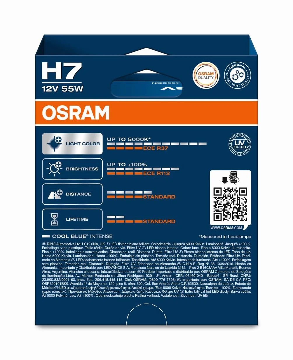 OSRAM COOL BLUE INTENSE H7, lámpara de faro halógena, 5000K, +100% brillo, aspecto LED, 2 unidades