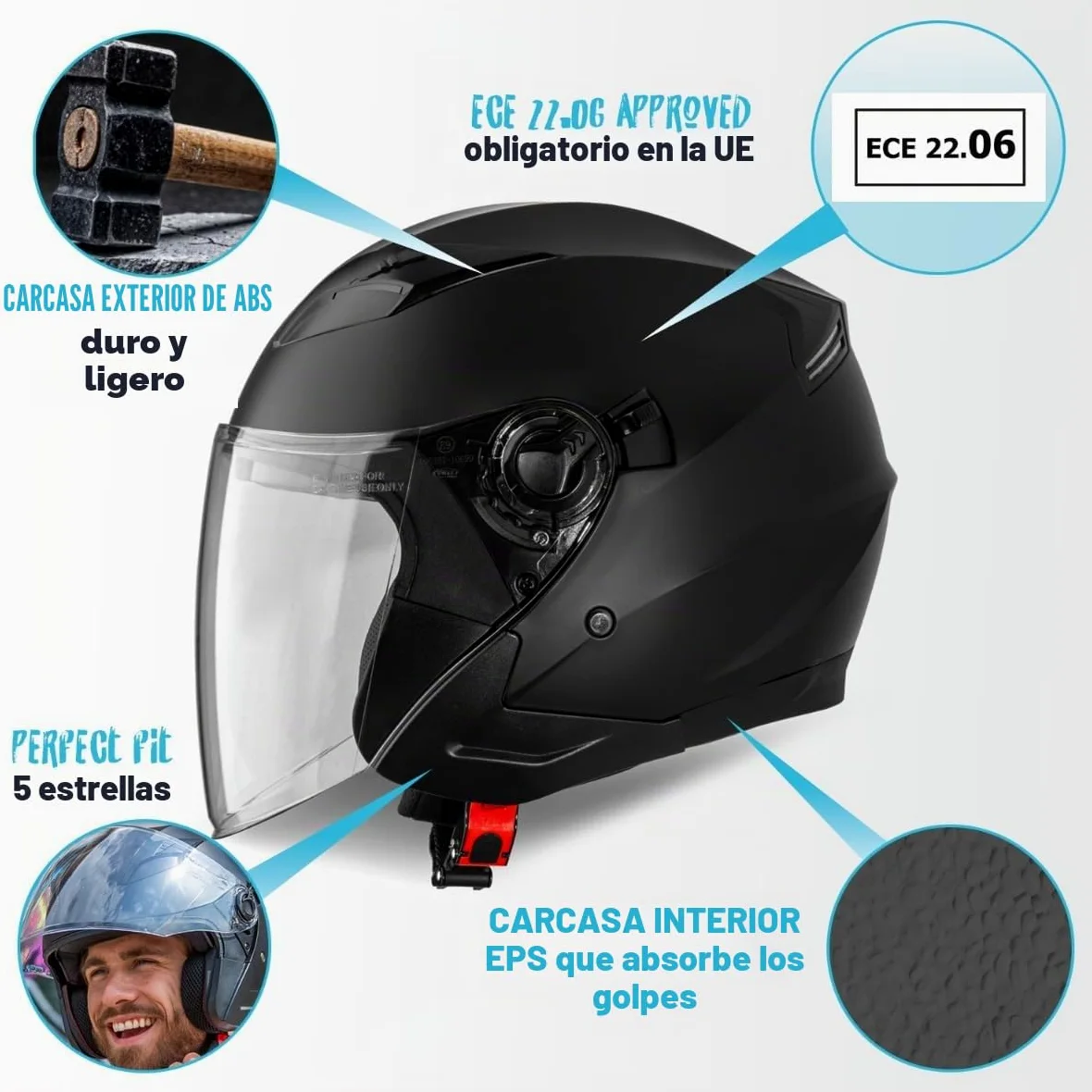 VINZ Calobra Casco Jet con Visera Solar | Casco Scooter & Moto & Ciclomotor | ECE 22.06 Homologado | En Tamaño XS - XXL | para Hombre y Mujer