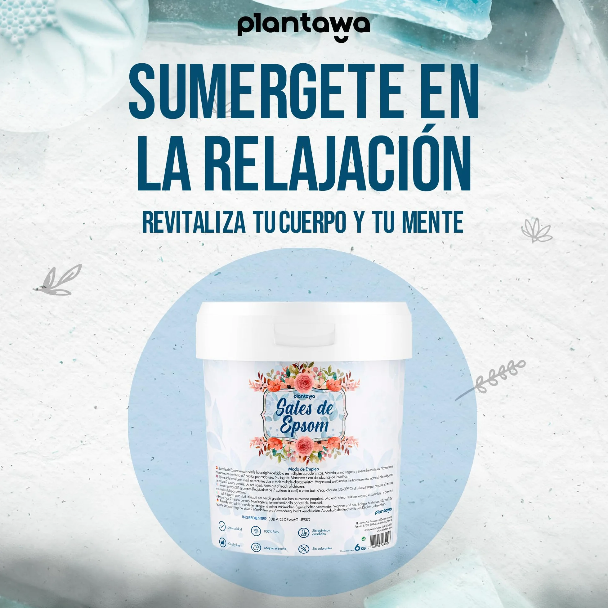 Plantawa Sales de Epsom 6KG Sal de Baño Concentrado de Magnesio Puro Sin Toxinas 100% Natural Cuidado Personal