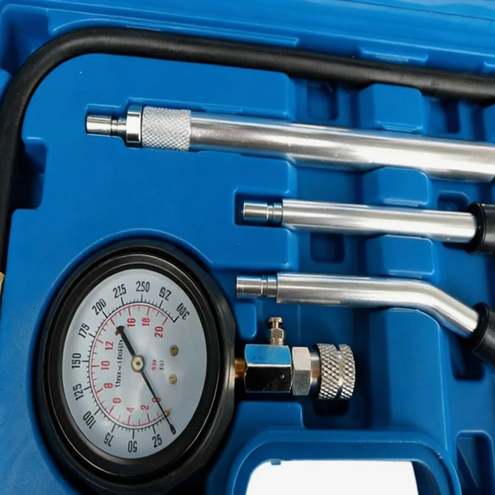 KiraKira Kit de comprobador de compresión de motor de coche, 300 PSI, juego de medidores de conexión rápida con adaptadores de 18 mm, 14 mm, 12 mm, 10 mm, 16 mm, cilindro de detección de fugas