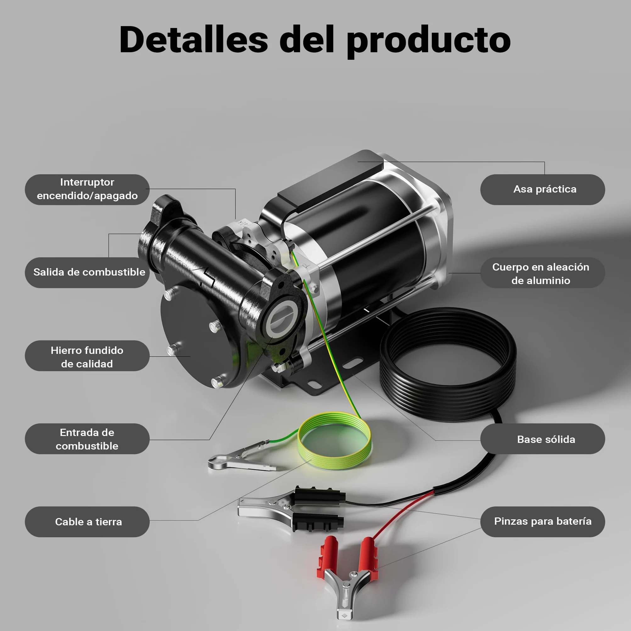 Wiltec Bomba de trasvase gasolina y diésel 12 V, 180 W caudal 57 l/min portátil cable con clips de batería altura máx. 12 m aspiración máx. 2 m autocebante ideal para trasvase desde barriles